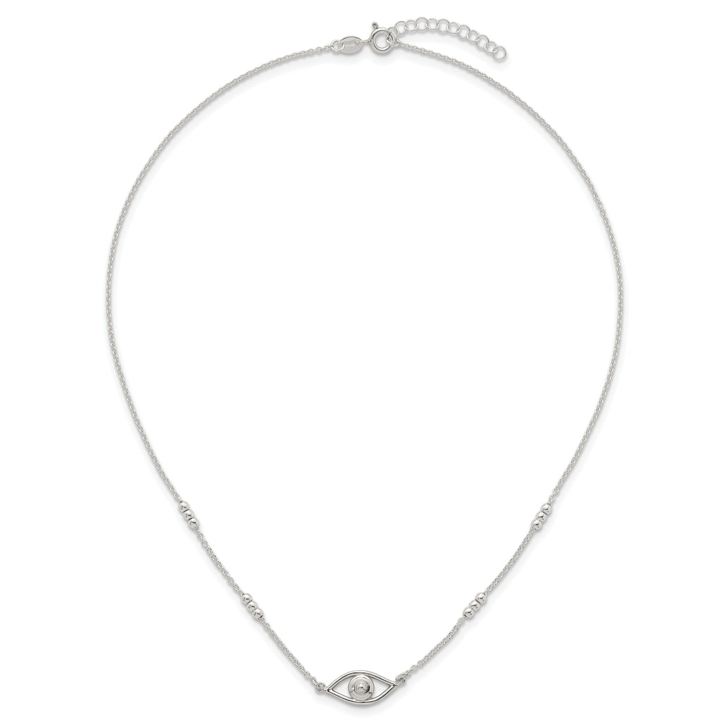 Sterling Silver Polished and Beaded Evil Eye 16.5 inch with 1 inch Extension Necklace