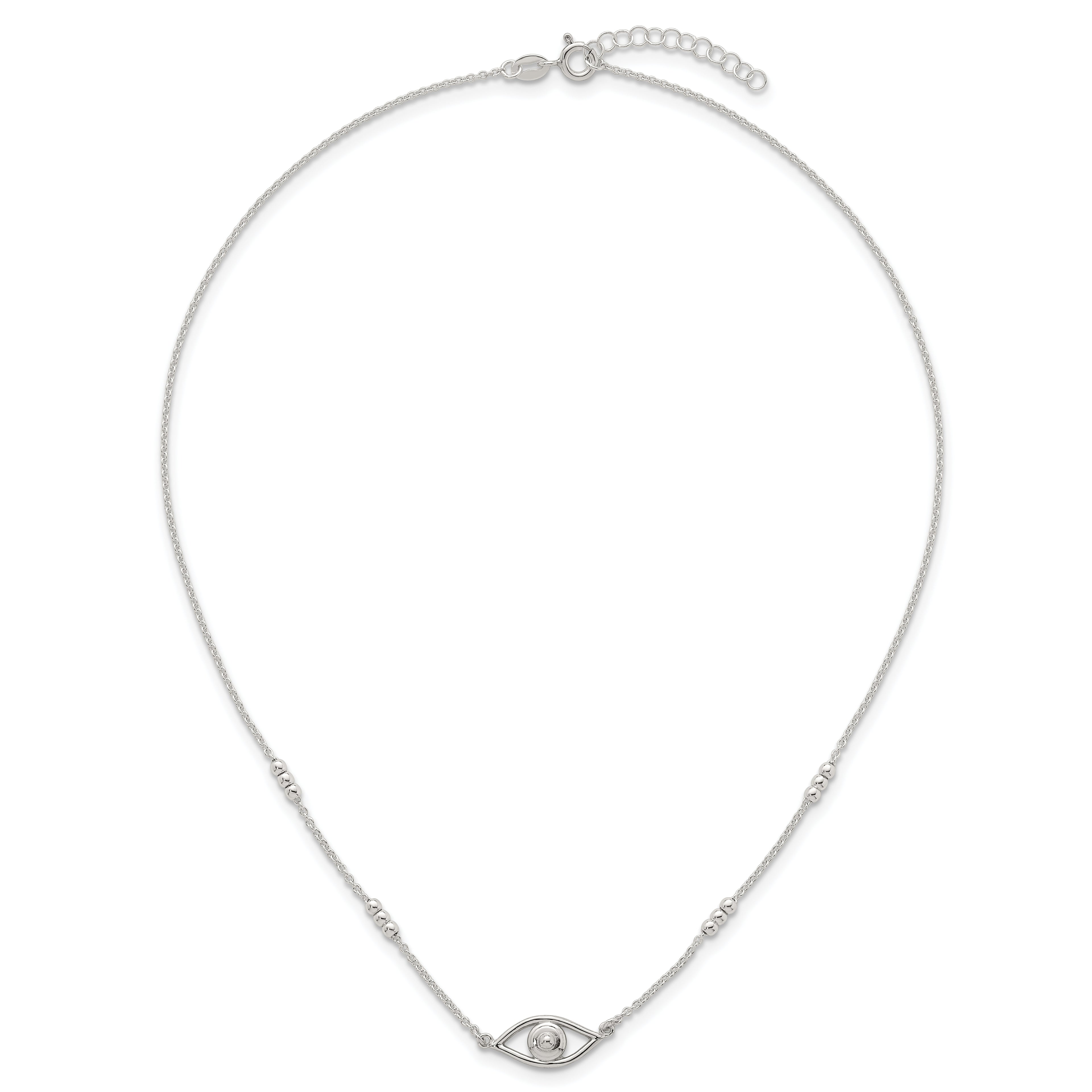 Sterling Silver Polished and Beaded Evil Eye 16.5 inch with 1 inch Extension Necklace