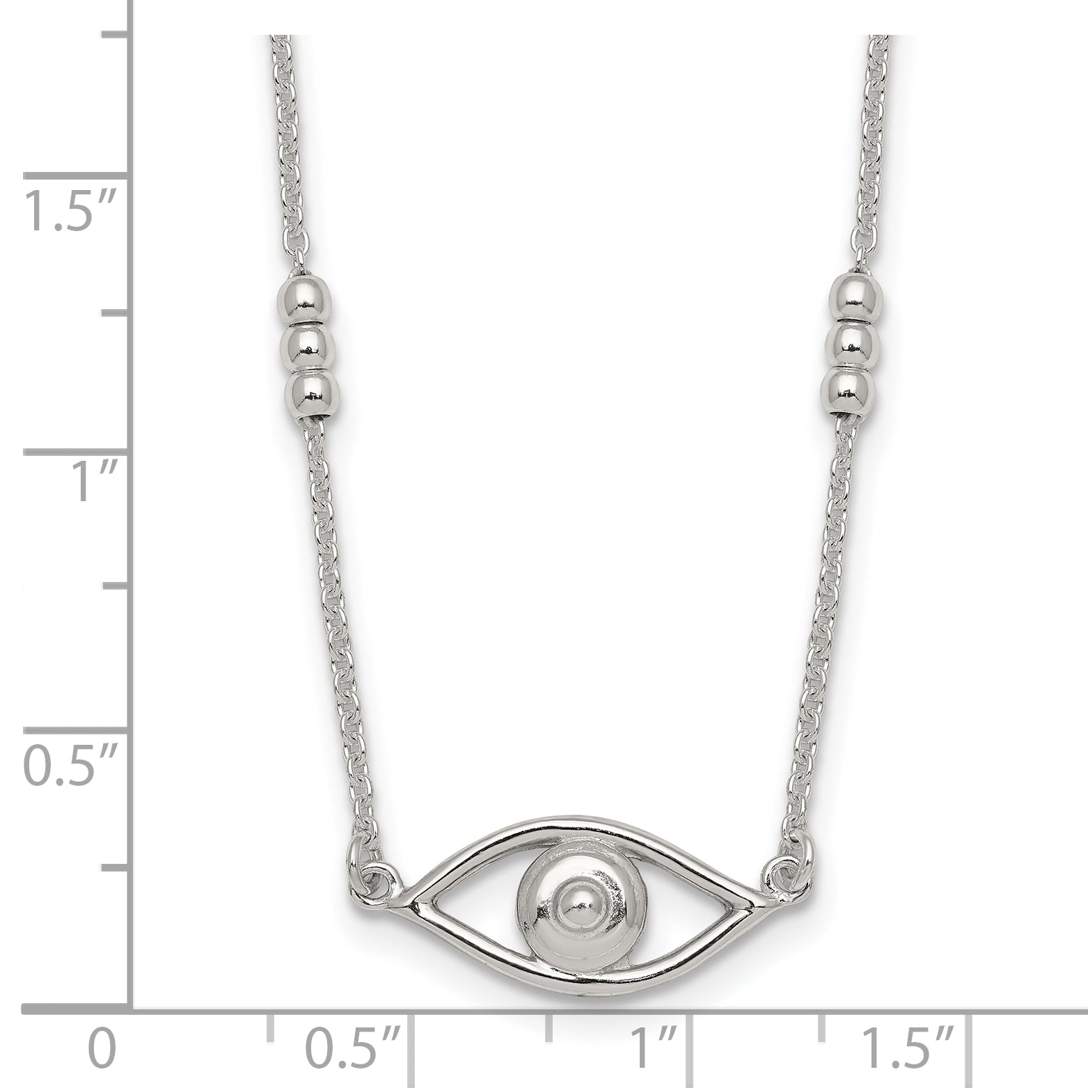 Sterling Silver Polished and Beaded Evil Eye 16.5 inch with 1 inch Extension Necklace