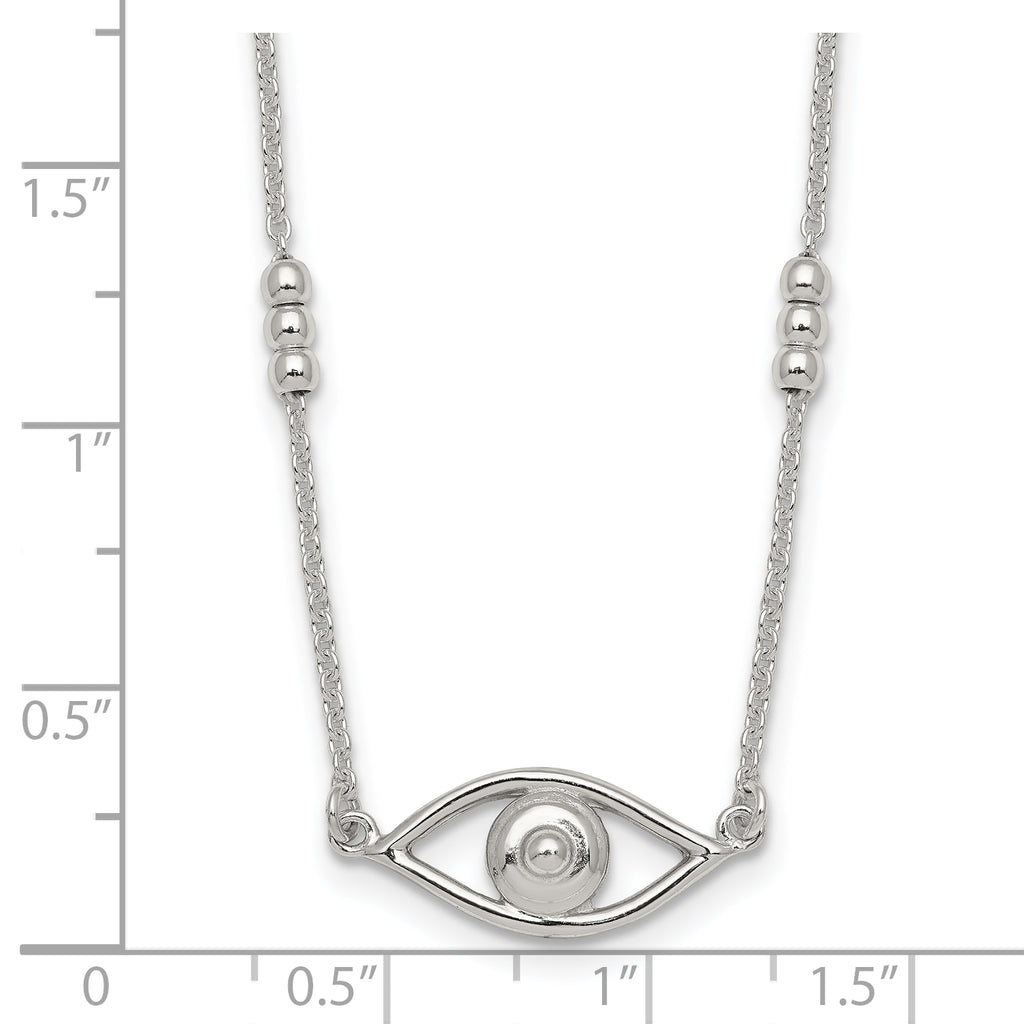 Sterling Silver Polished and Beaded Evil Eye 16.5 inch with 1 inch Extension Necklace