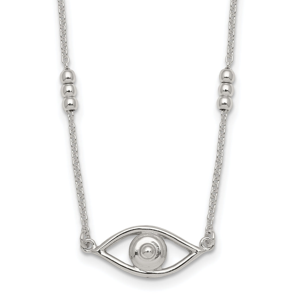 Sterling Silver Polished and Beaded Evil Eye 16.5 inch with 1 inch Extension Necklace