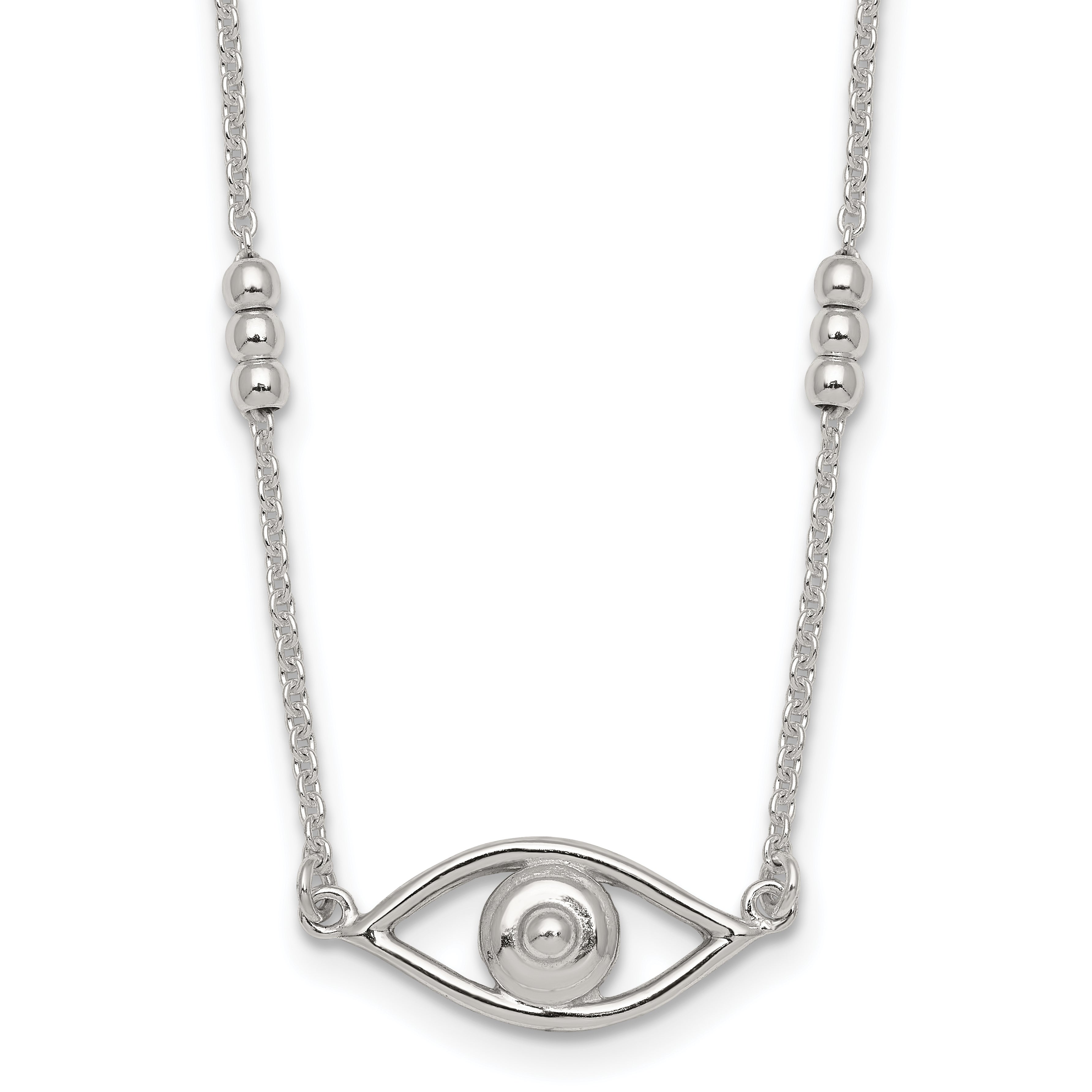 Sterling Silver Polished and Beaded Evil Eye 16.5 inch with 1 inch Extension Necklace