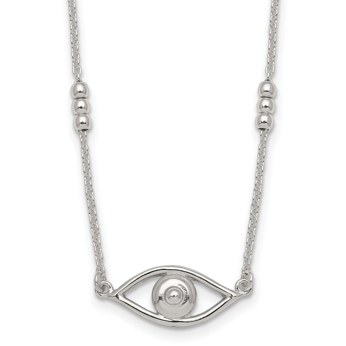 Sterling Silver Polished and Beaded Evil Eye 16.5 inch with 1 inch Extension Necklace