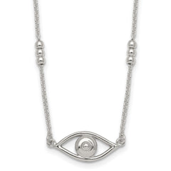 Sterling Silver Polished and Beaded Evil Eye 16.5 inch with 1 inch Extension Necklace