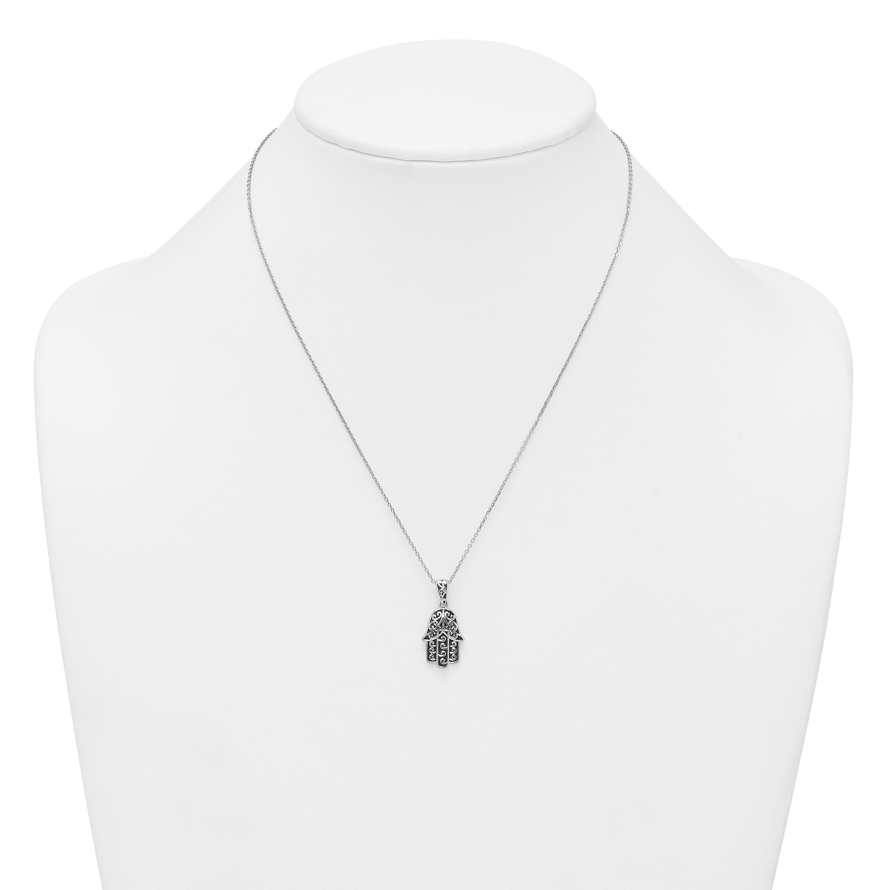 Sterling Silver Rhodium-plated Polished and Oxidized Filigree Hamsa 18 Inch Necklace
