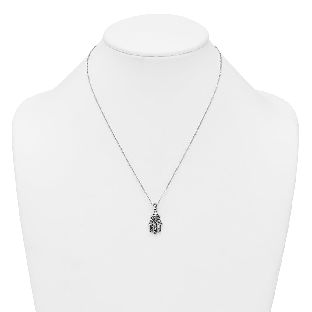 Sterling Silver Rhodium-plated Polished and Oxidized Filigree Hamsa 18 Inch Necklace