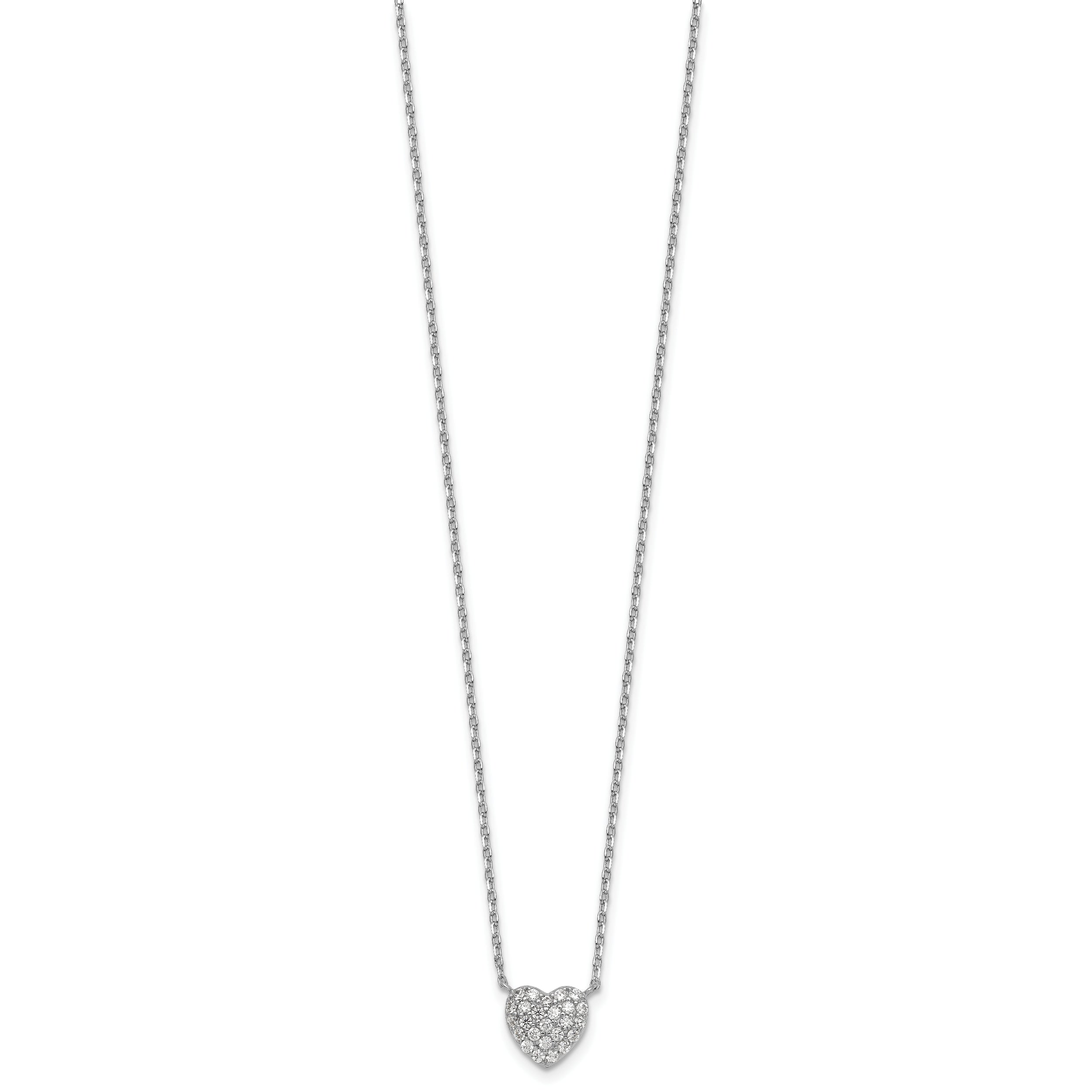 Sterling Silver Rhodium-plated Polished Pave CZ Heart 16 Inch with 2 Inch Extension Necklace