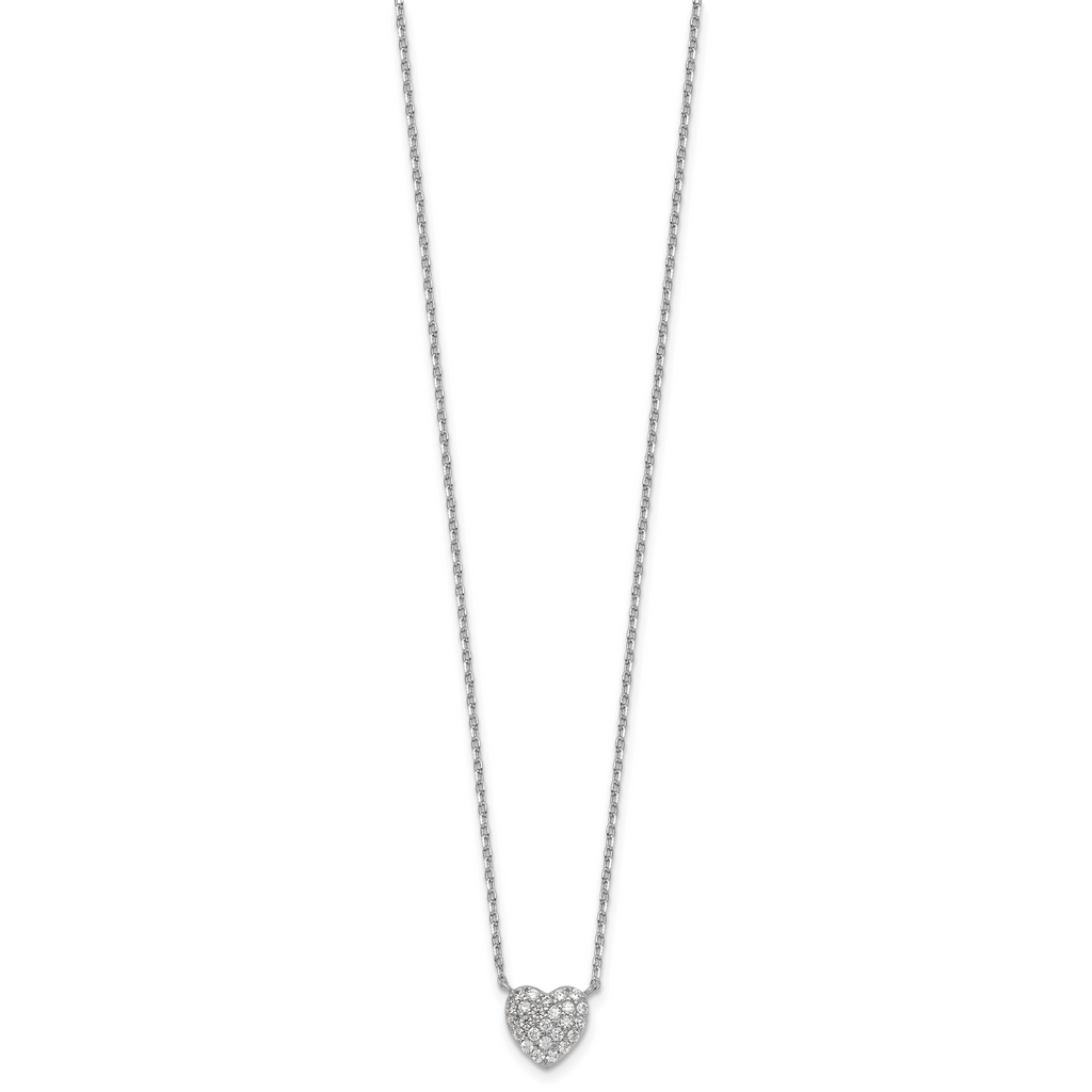 Sterling Silver Rhodium-plated Polished Pave CZ Heart 16 Inch with 2 Inch Extension Necklace