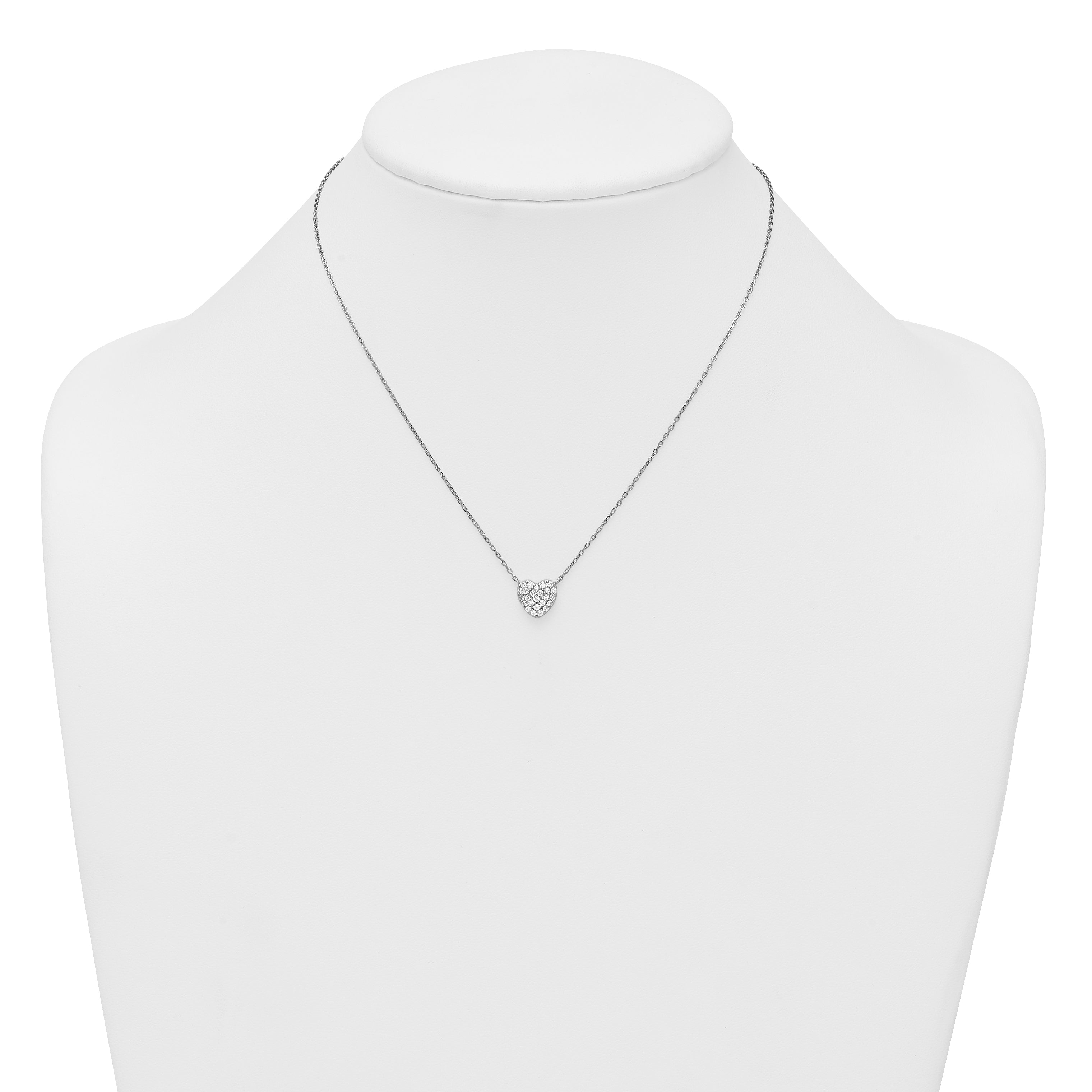 Sterling Silver Rhodium-plated Polished Pave CZ Heart 16 Inch with 2 Inch Extension Necklace
