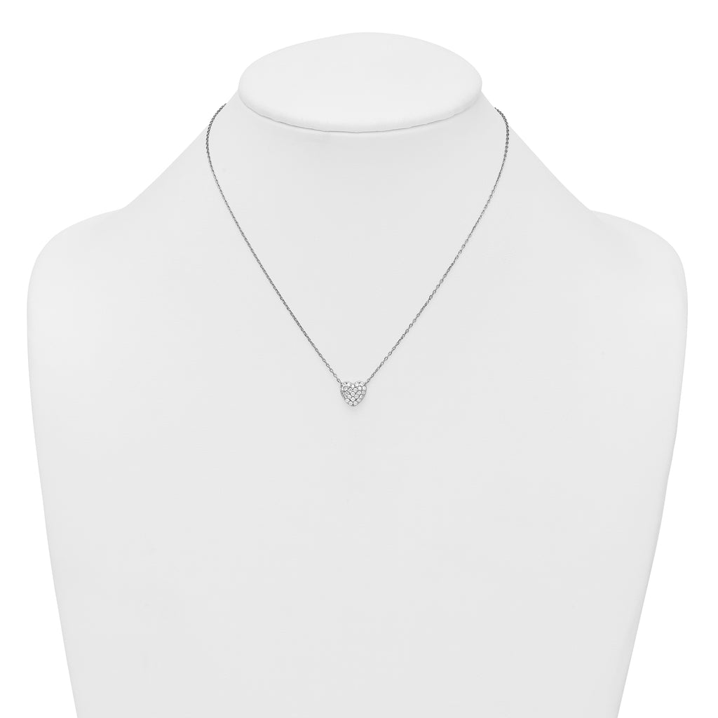 Sterling Silver Rhodium-plated Polished Pave CZ Heart 16 Inch with 2 Inch Extension Necklace
