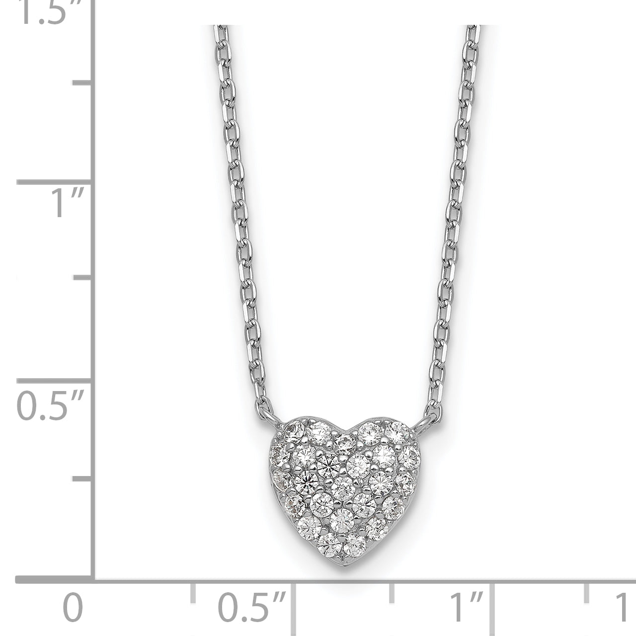 Sterling Silver Rhodium-plated Polished Pave CZ Heart 16 Inch with 2 Inch Extension Necklace