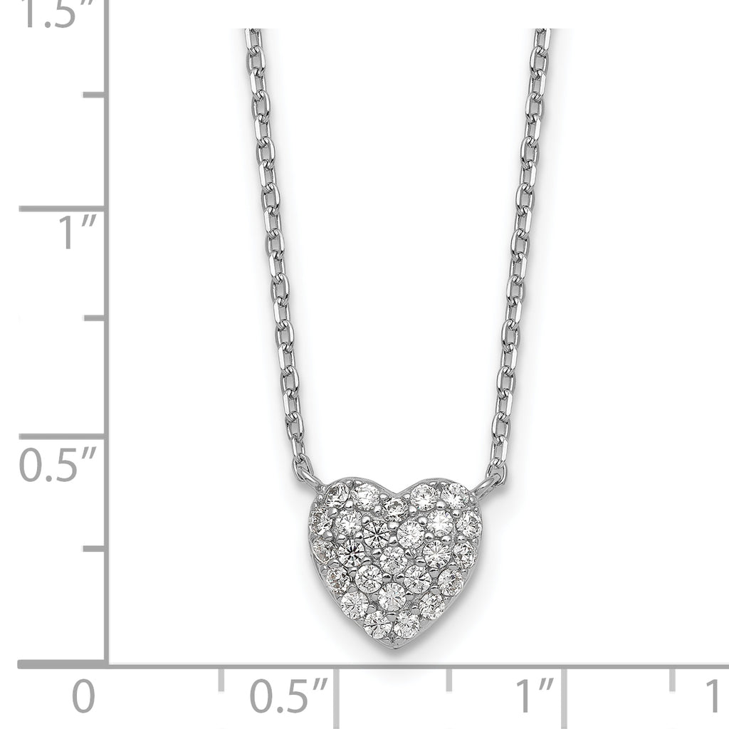 Sterling Silver Rhodium-plated Polished Pave CZ Heart 16 Inch with 2 Inch Extension Necklace