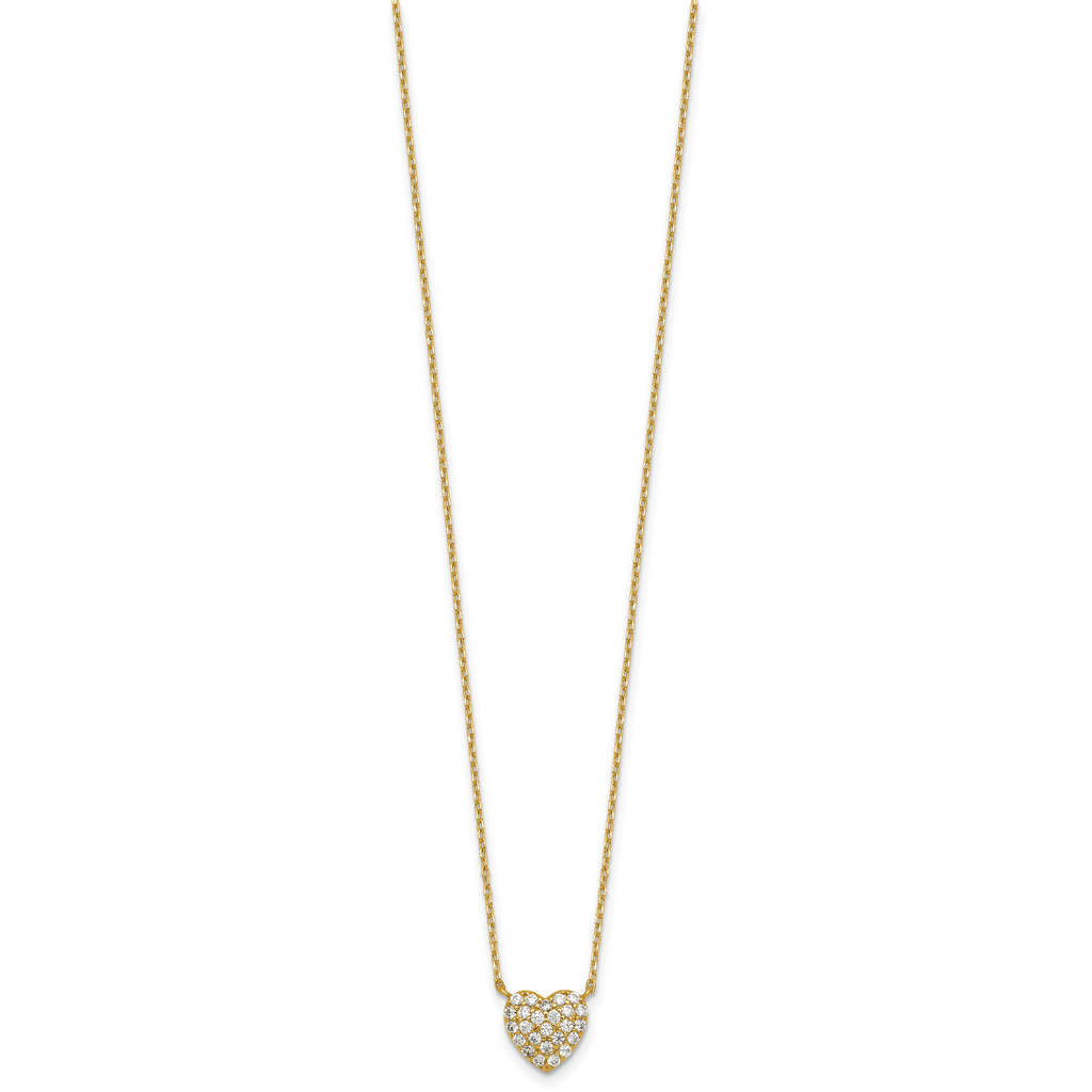 Sterling Silver Gold-tone Polished Pave CZ Heart 16 Inch with 2 Inch Extension Necklace