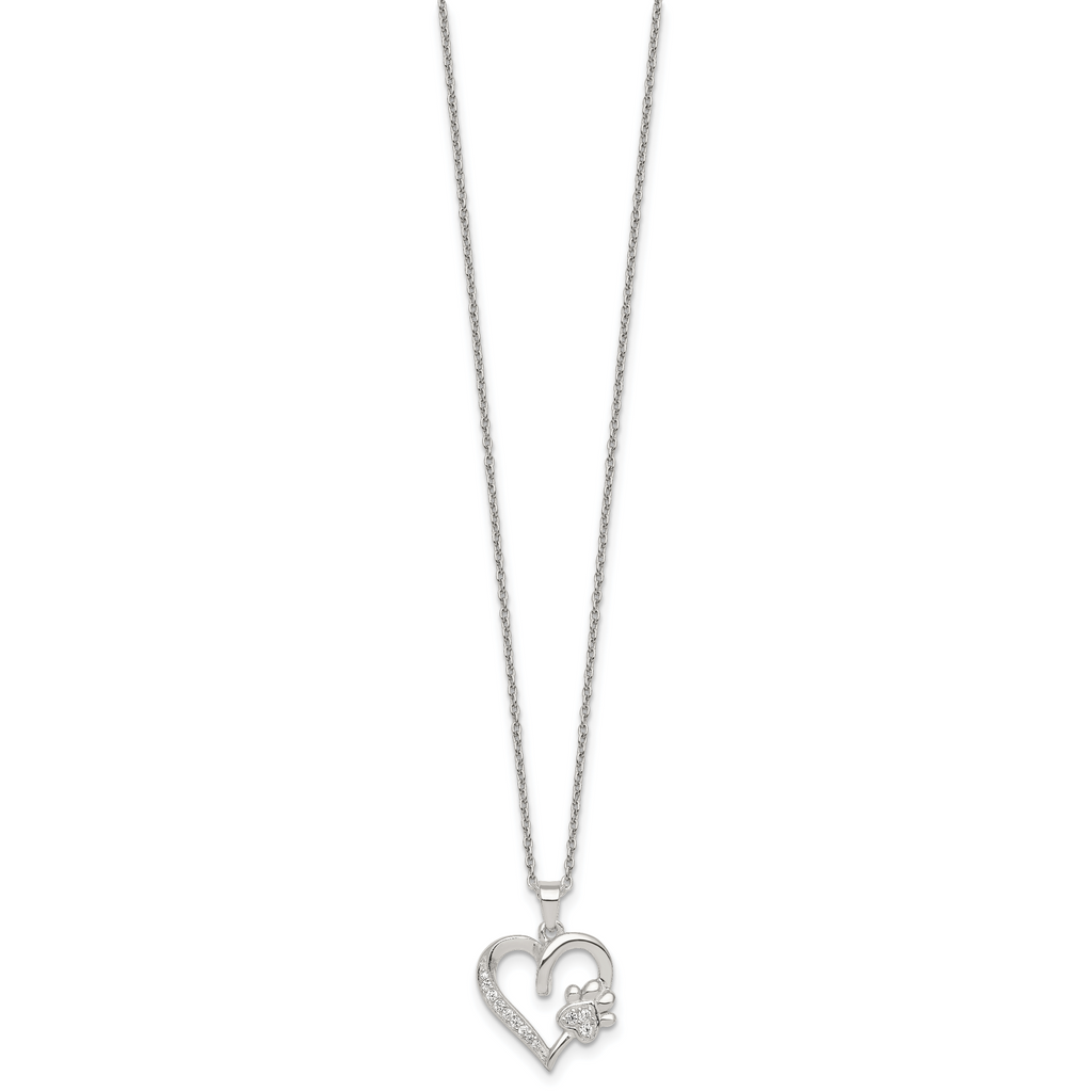 Sterling Silver Polished White CZ Heart and Paw Print 16 inch Necklace