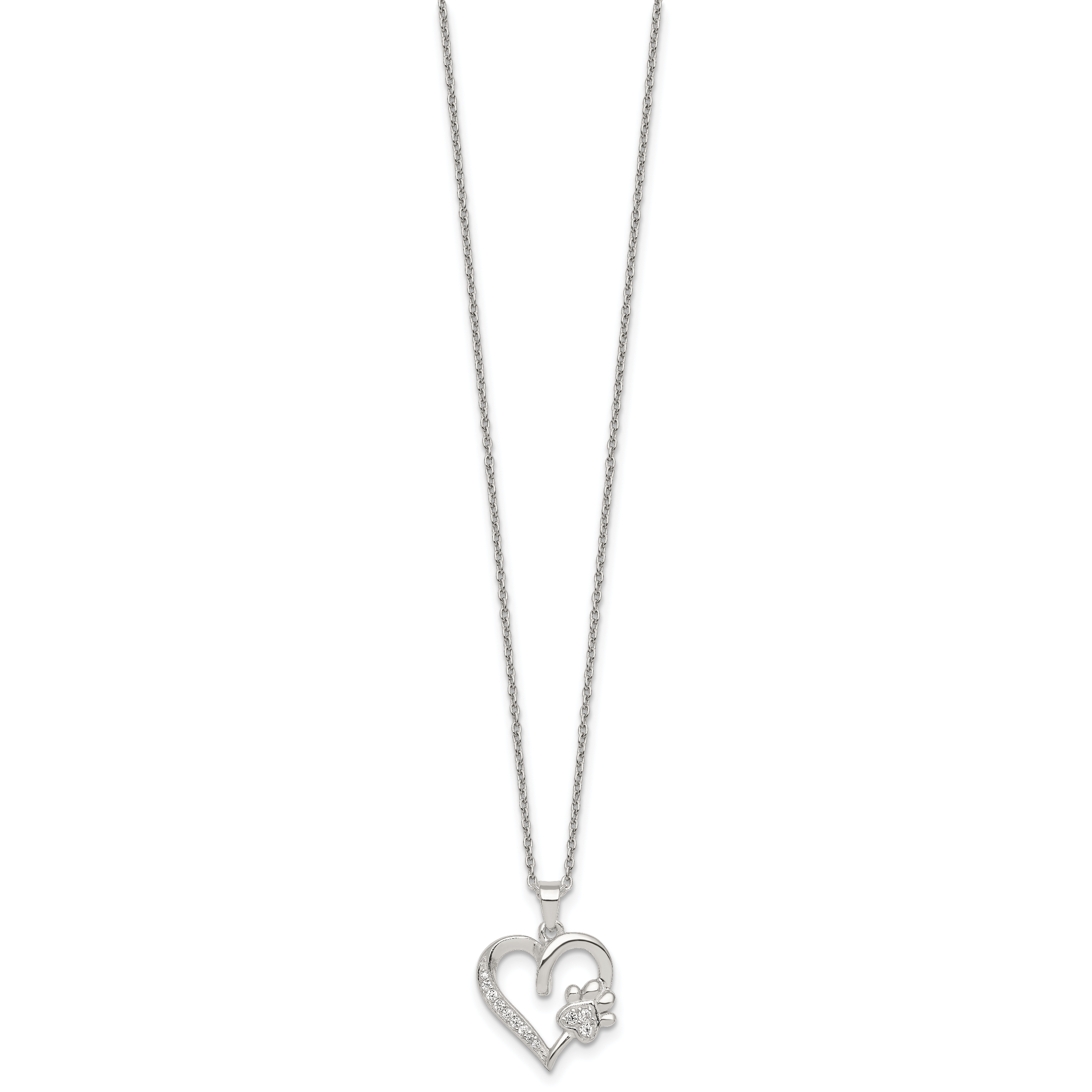 Sterling Silver Polished White CZ Heart and Paw Print 16 inch Necklace