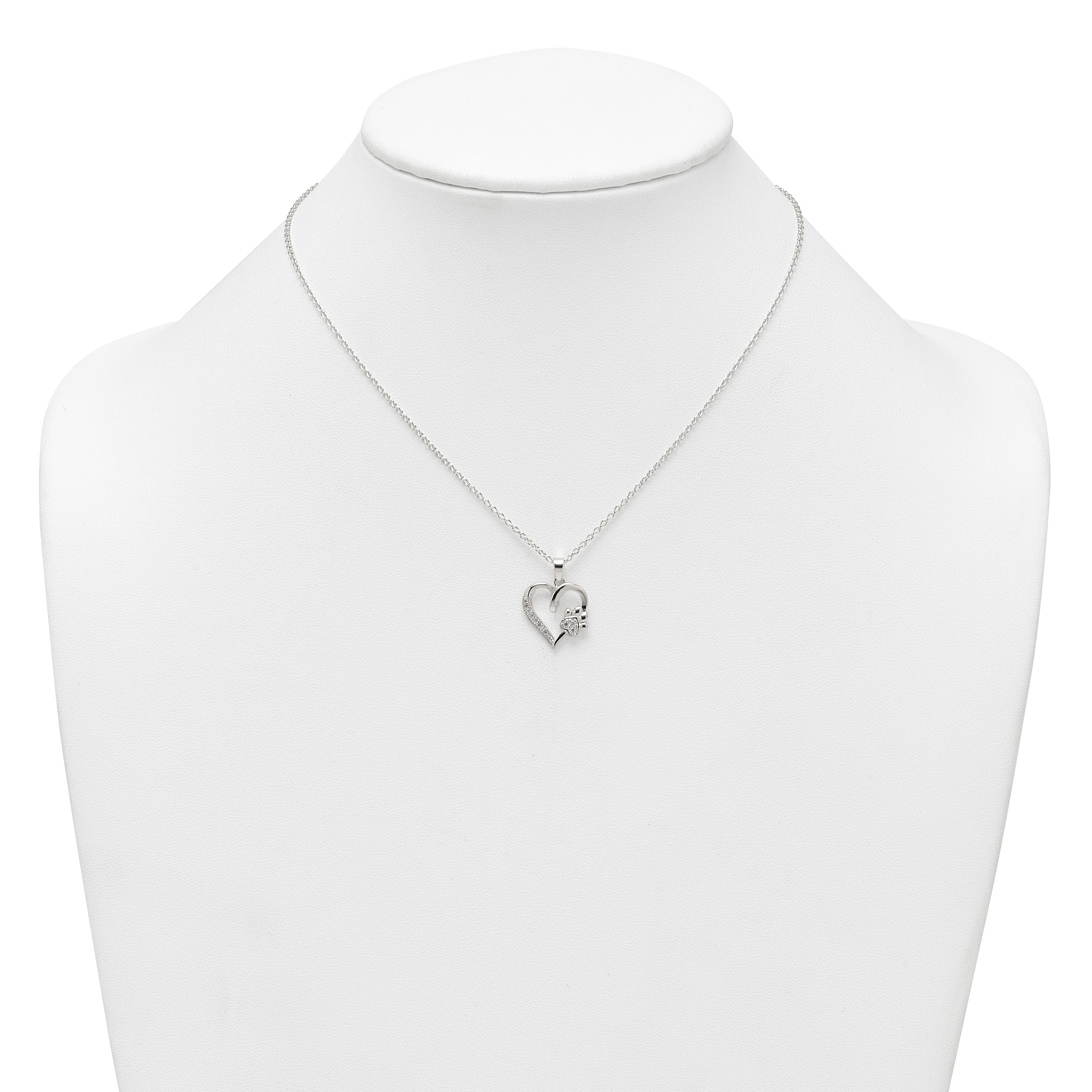 Sterling Silver Polished White CZ Heart and Paw Print 16 inch Necklace
