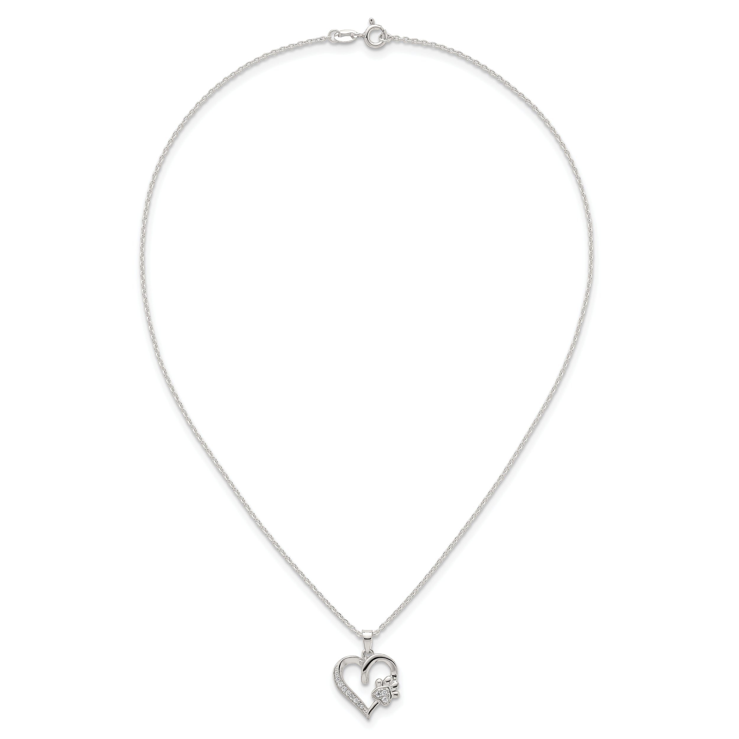 Sterling Silver Polished White CZ Heart and Paw Print 16 inch Necklace