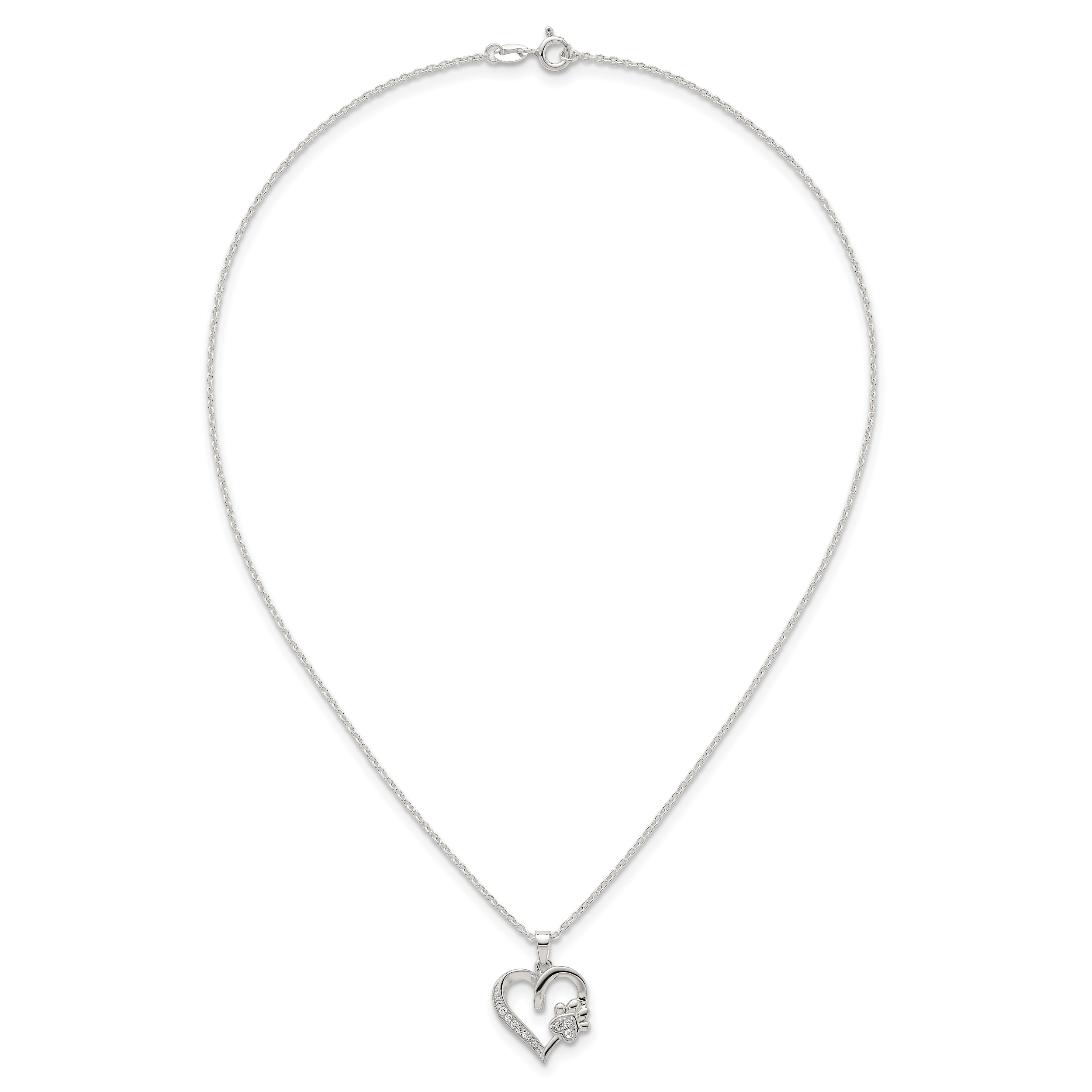 Sterling Silver Polished White CZ Heart and Paw Print 16 inch Necklace