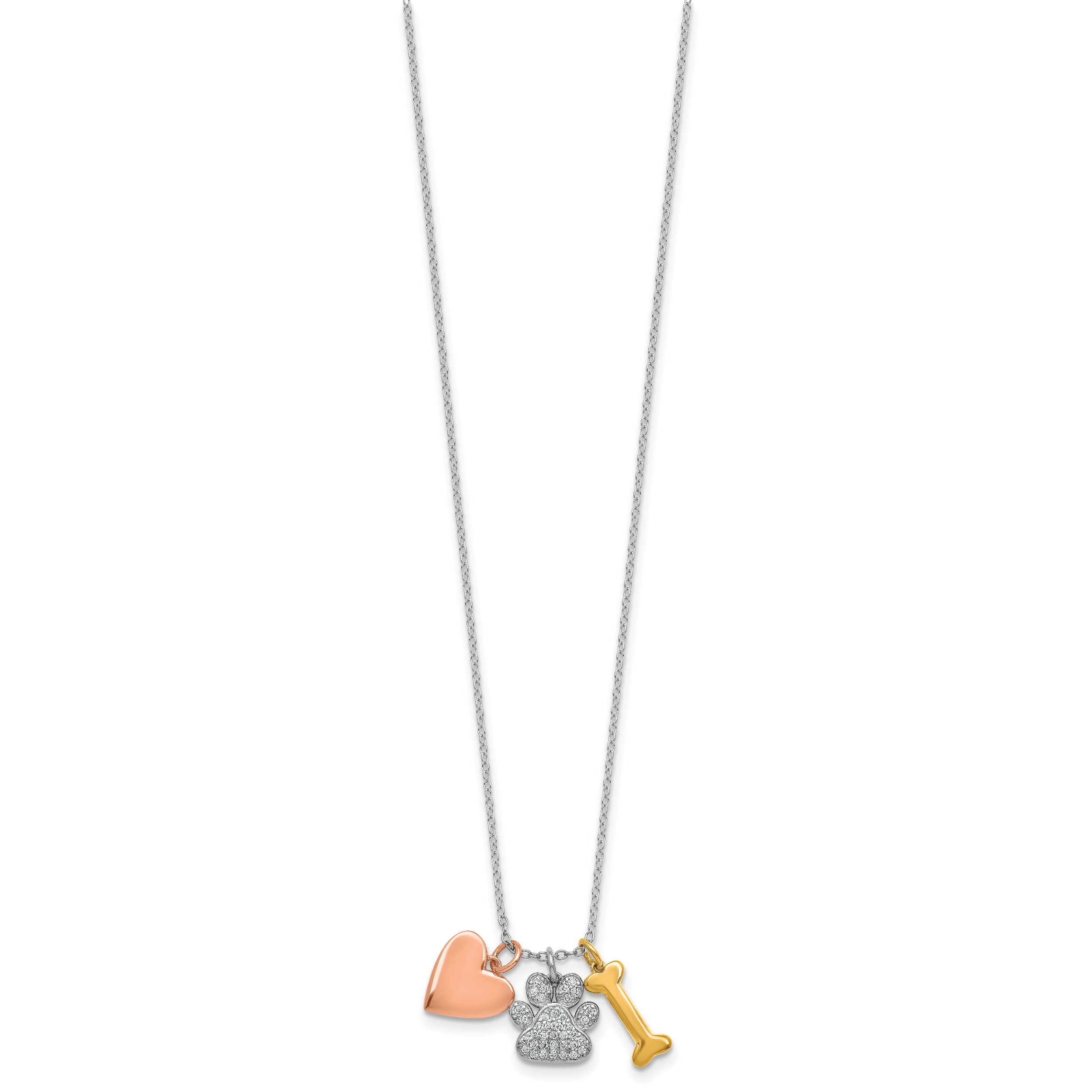 Sterling Silver Rose and Yellow Gold-plated Polished CZ Pawprint Heart and Bone 16 Inch with 2 Inch Extension Necklace