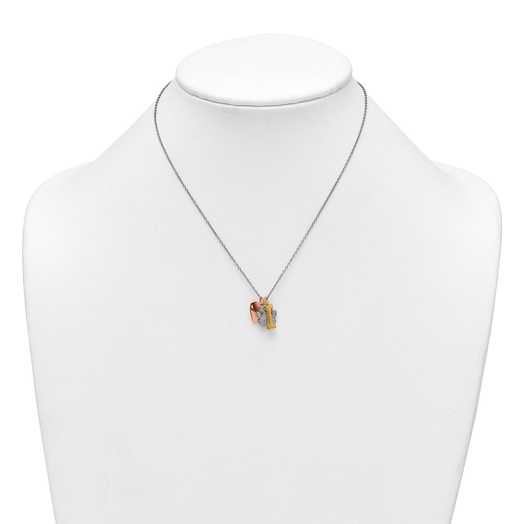 Sterling Silver Rose and Yellow Gold-plated Polished CZ Pawprint Heart and Bone 16 Inch with 2 Inch Extension Necklace