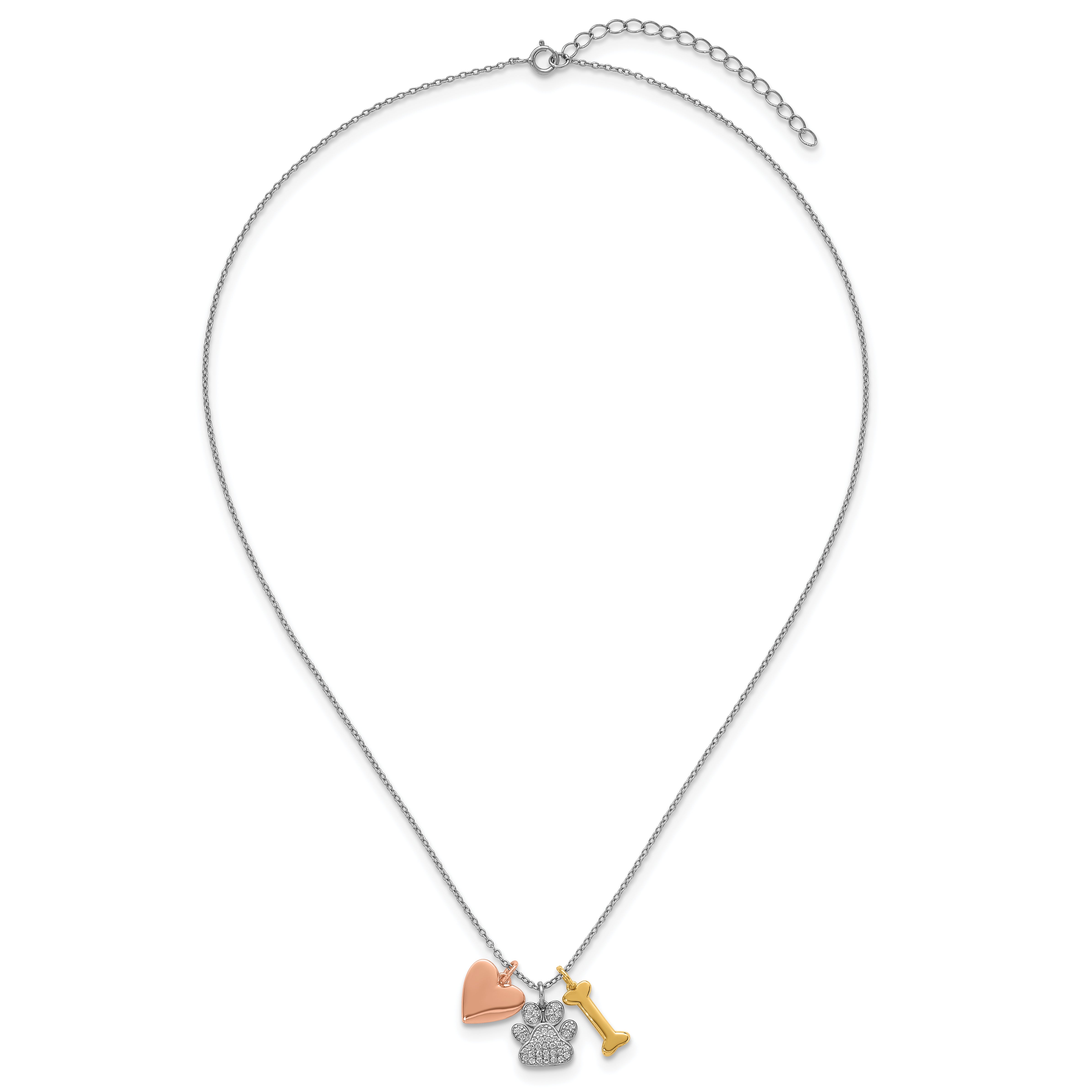 Sterling Silver Rose and Yellow Gold-plated Polished CZ Pawprint Heart and Bone 16 Inch with 2 Inch Extension Necklace