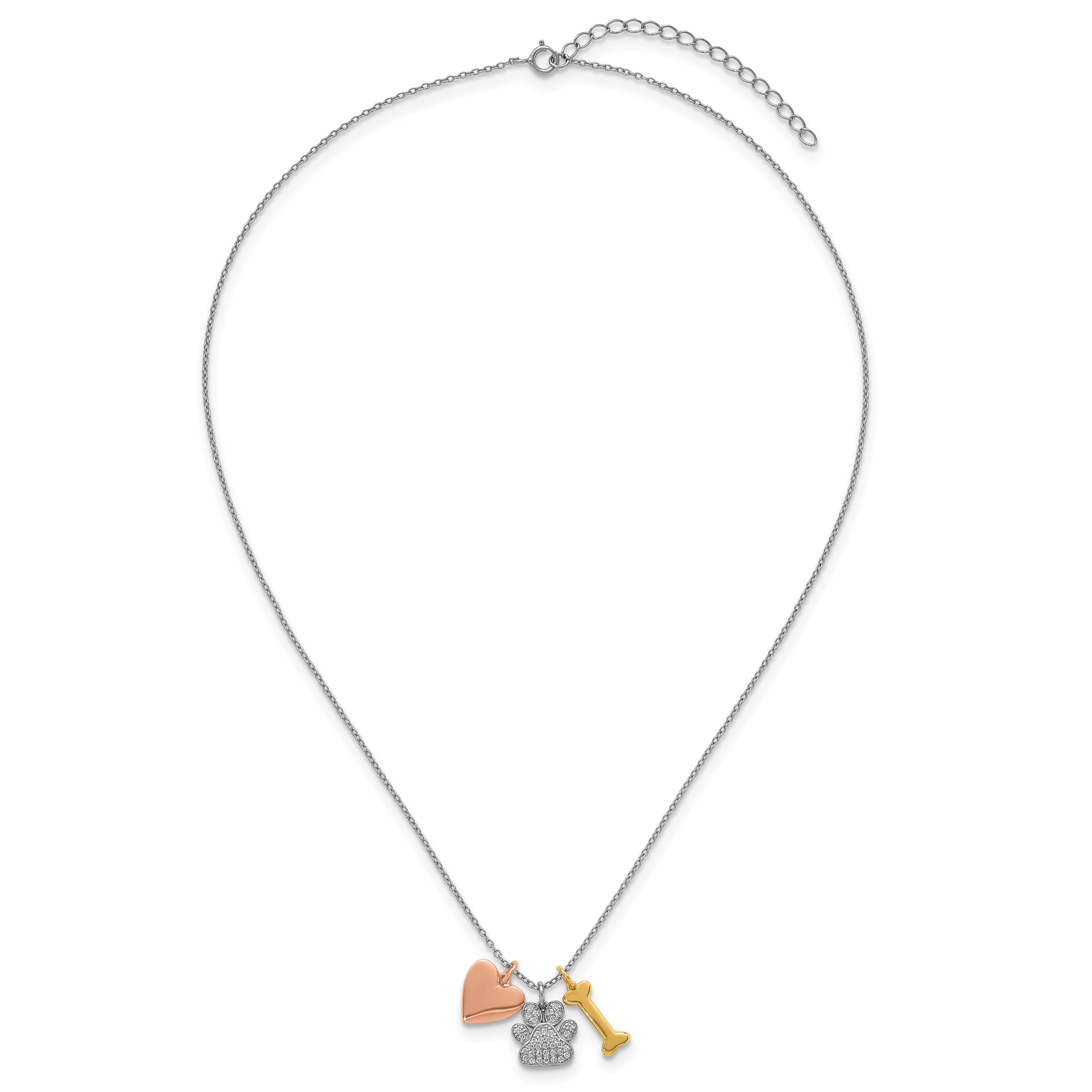 Sterling Silver Rose and Yellow Gold-plated Polished CZ Pawprint Heart and Bone 16 Inch with 2 Inch Extension Necklace