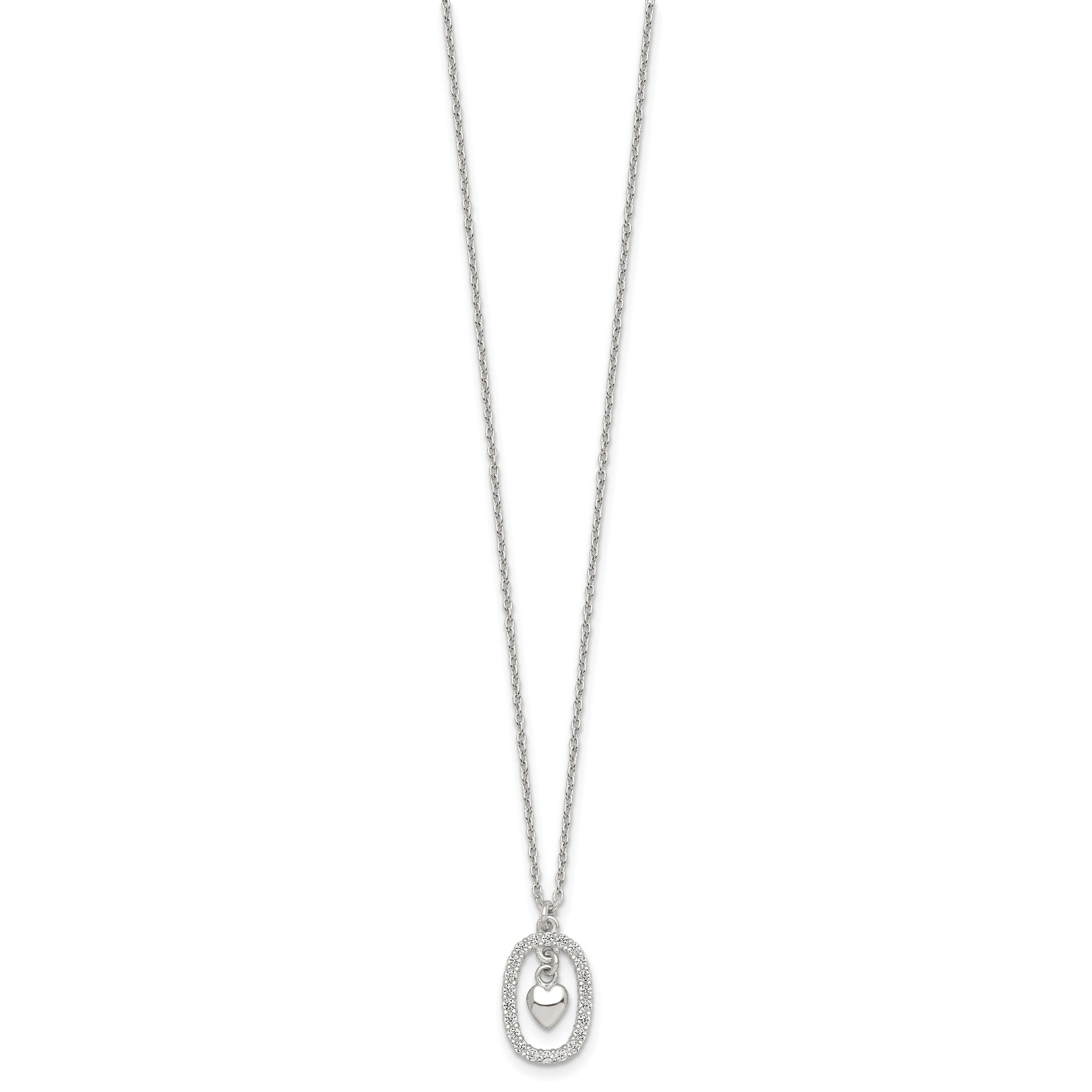 Sterling Silver Polished White CZ Oval with Dangle Heart 16 inch Necklace