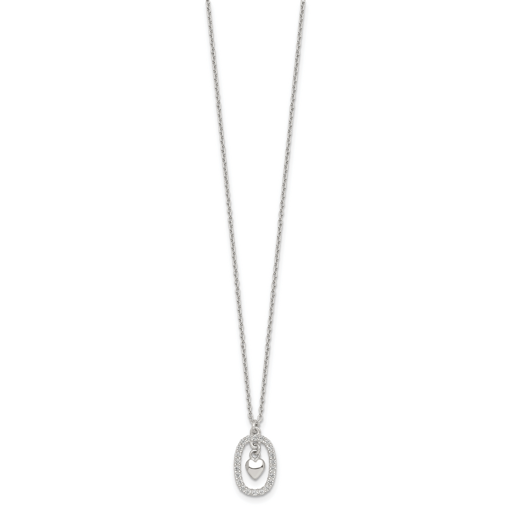 Sterling Silver Polished White CZ Oval with Dangle Heart 16 inch Necklace