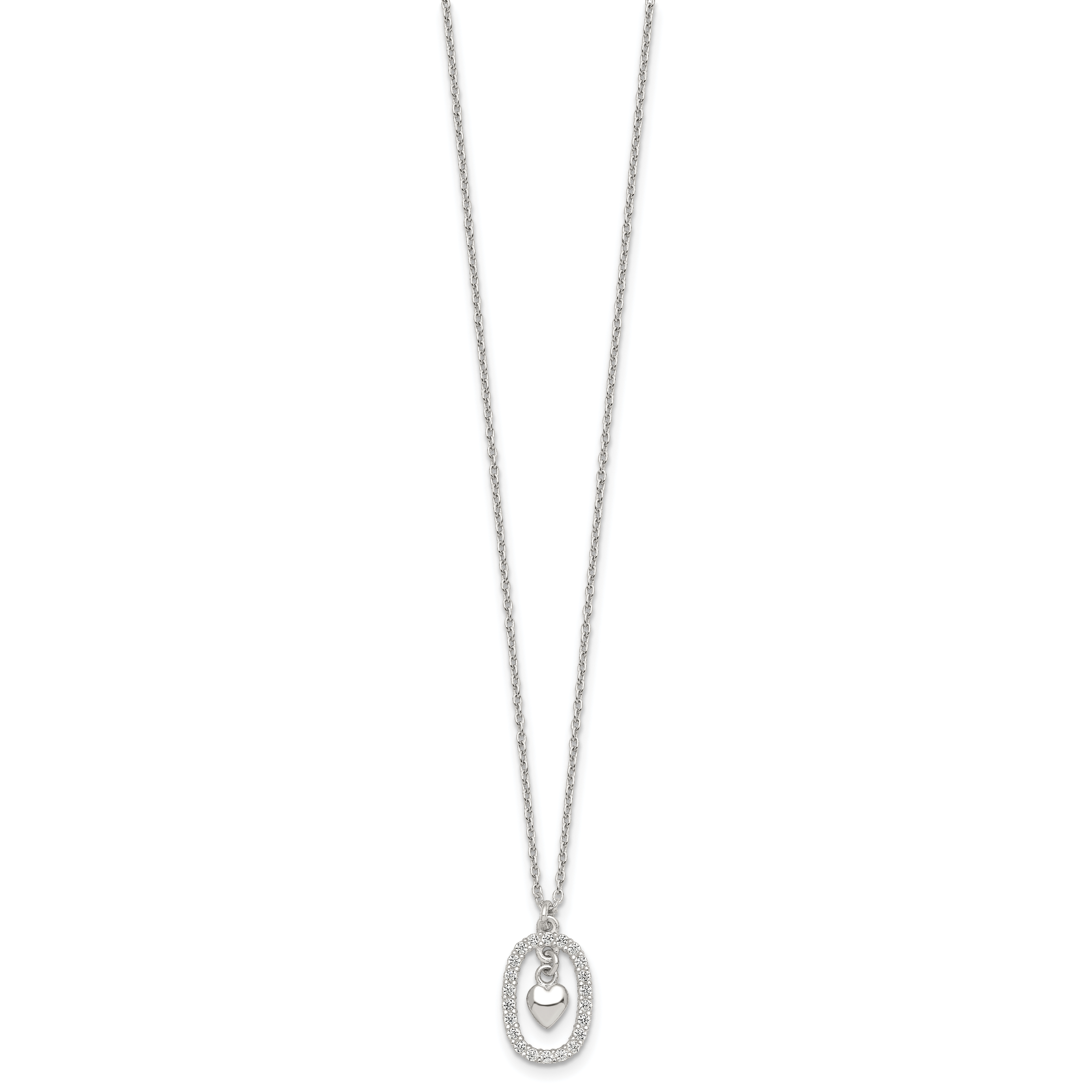 Sterling Silver Polished White CZ Oval with Dangle Heart 16 inch Necklace