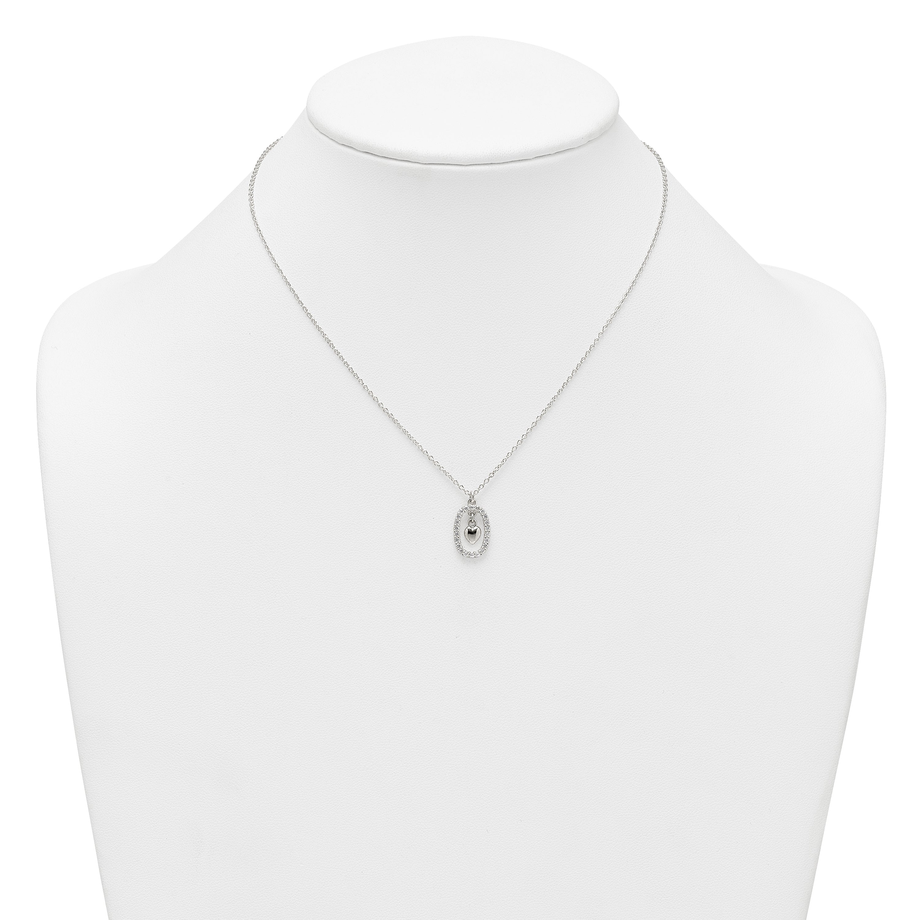 Sterling Silver Polished White CZ Oval with Dangle Heart 16 inch Necklace