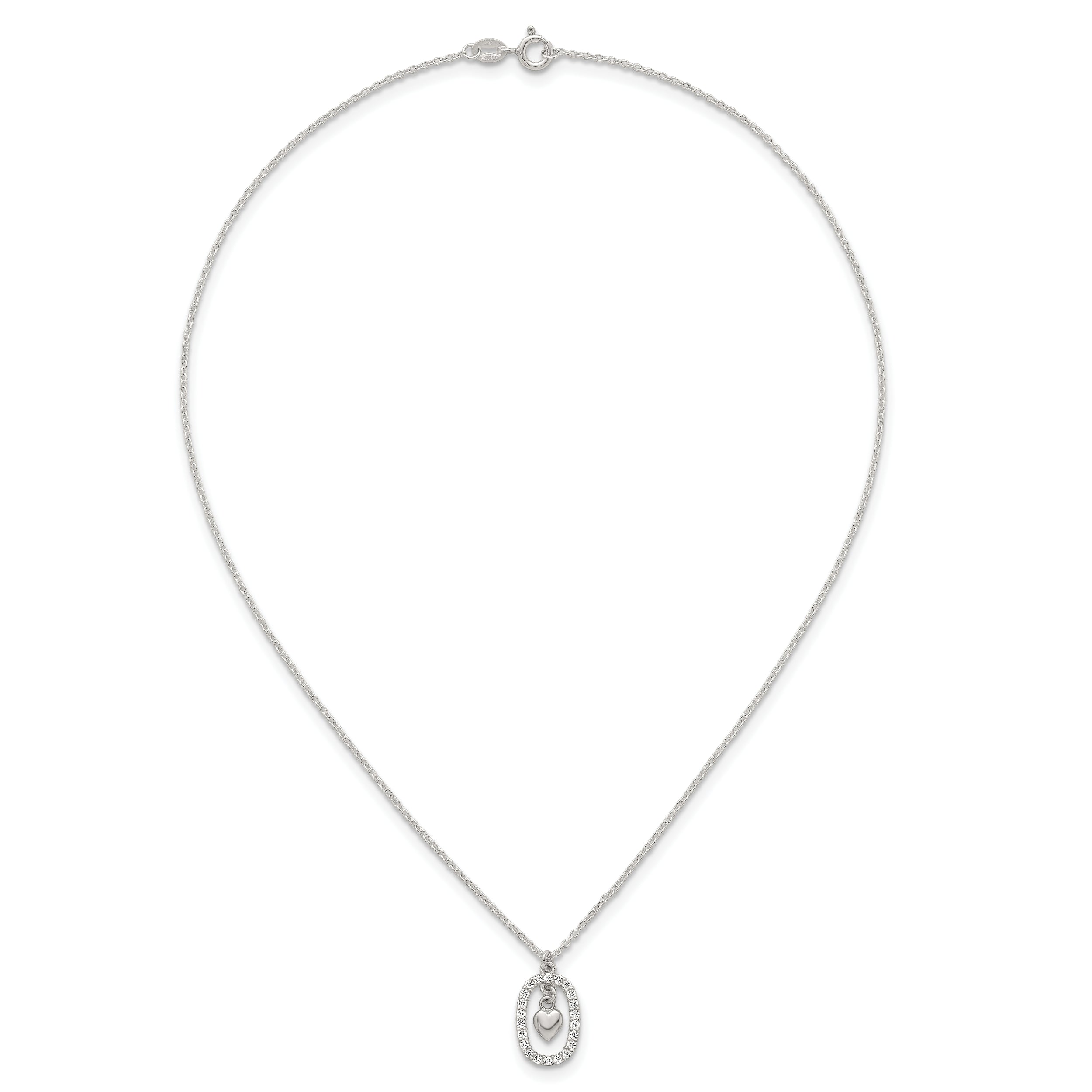 Sterling Silver Polished White CZ Oval with Dangle Heart 16 inch Necklace