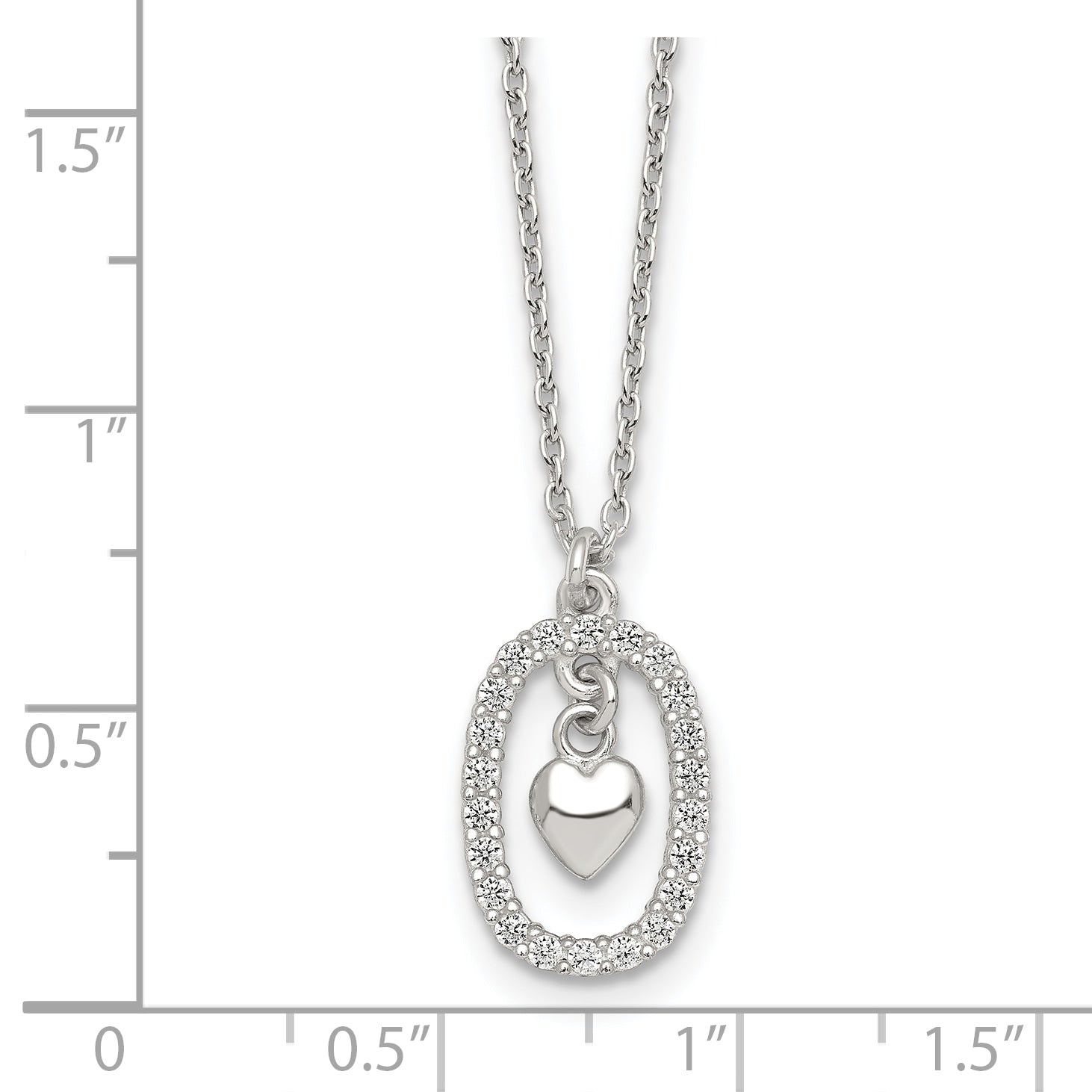 Sterling Silver Polished White CZ Oval with Dangle Heart 16 inch Necklace