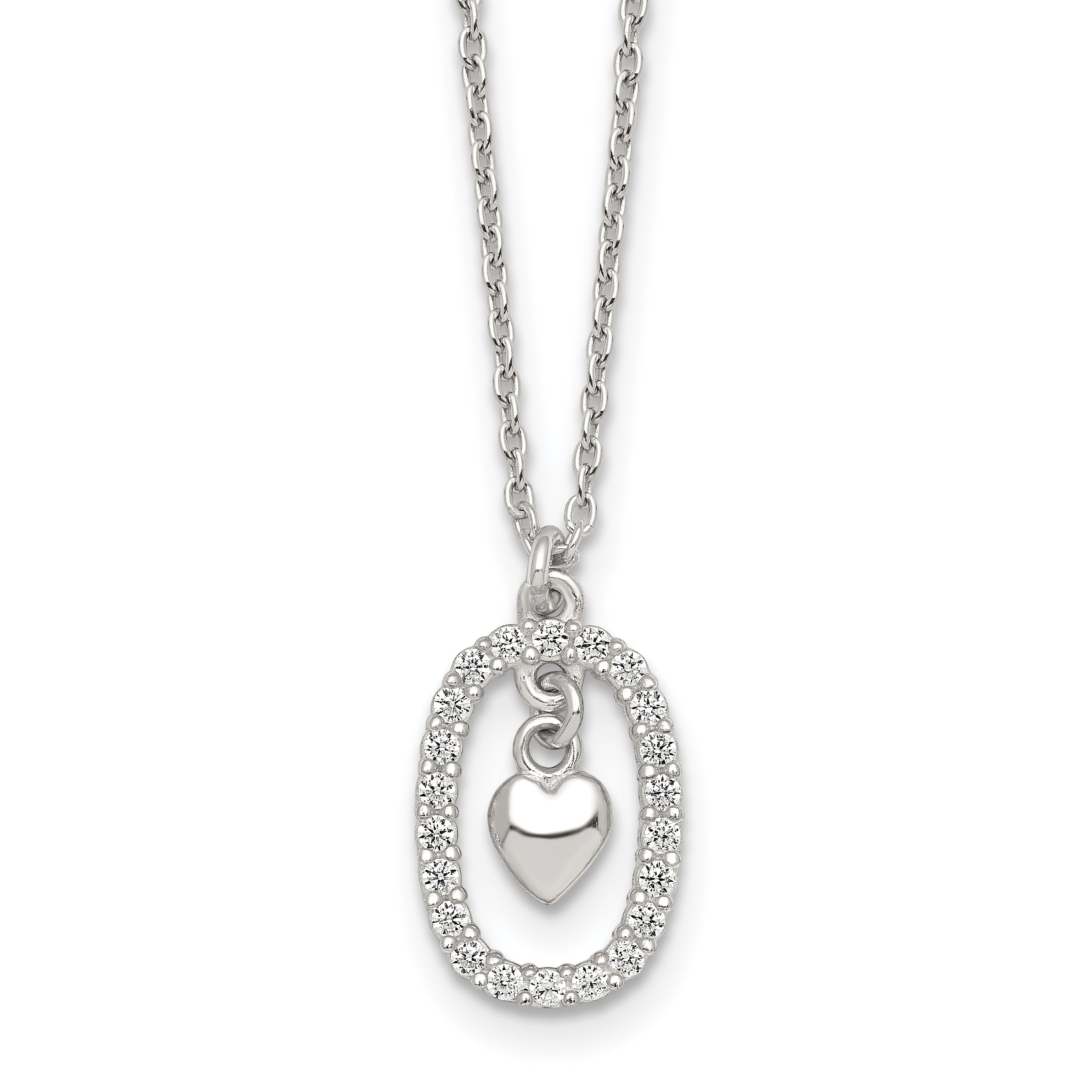 Sterling Silver Polished White CZ Oval with Dangle Heart 16 inch Necklace