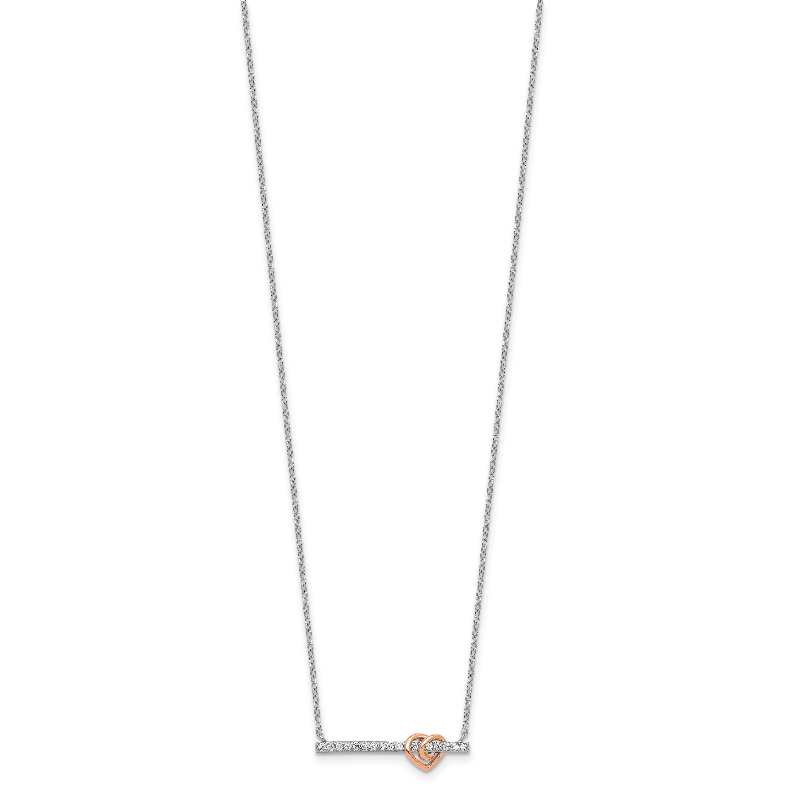 Sterling Silver Rhodium-plated and Rose-tone Polished CZ Heart Bar 16 Inch with 2 Inch Extension Necklace Secondary image