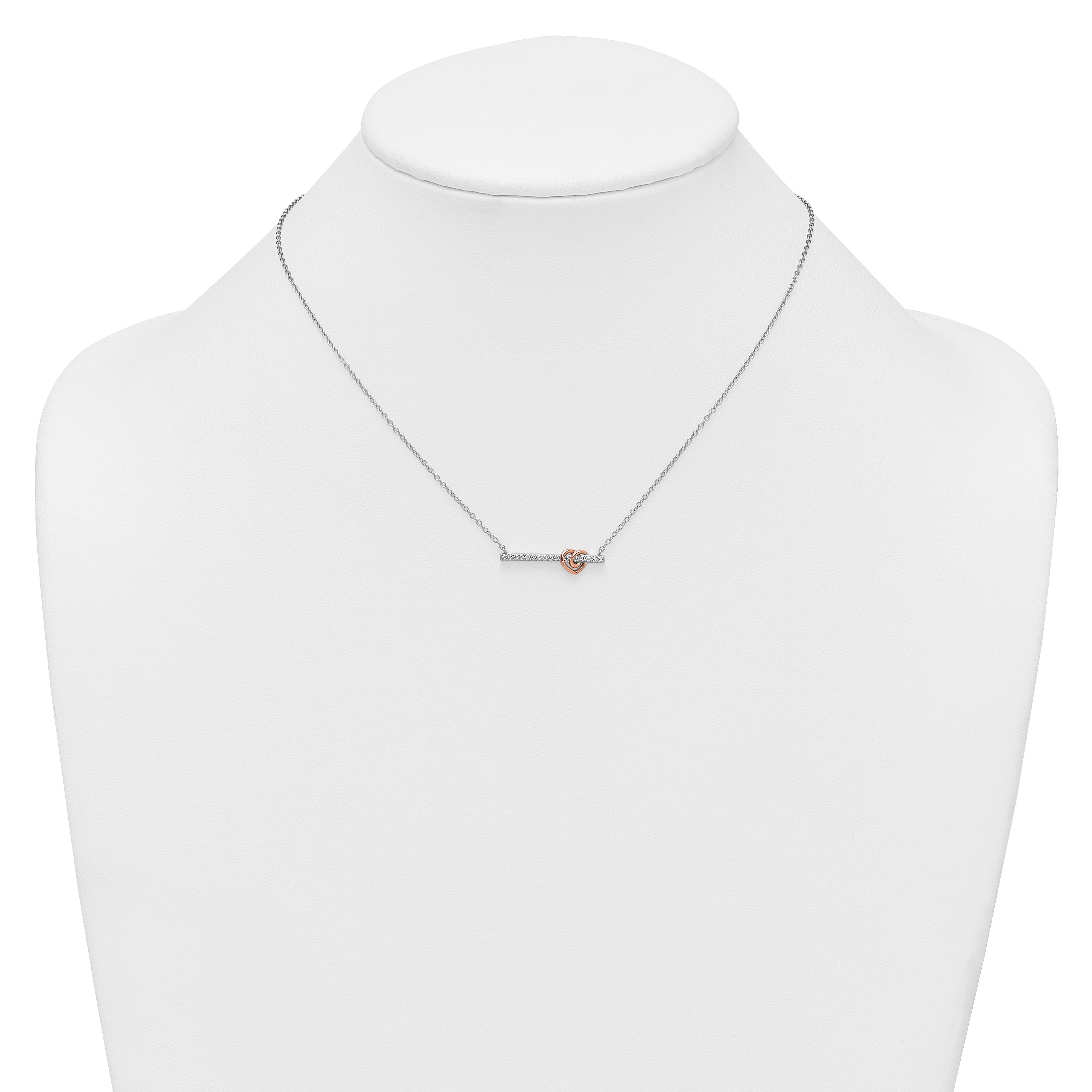 Sterling Silver Rhodium-plated and Rose-tone Polished CZ Heart Bar 16 Inch with 2 Inch Extension Necklace
