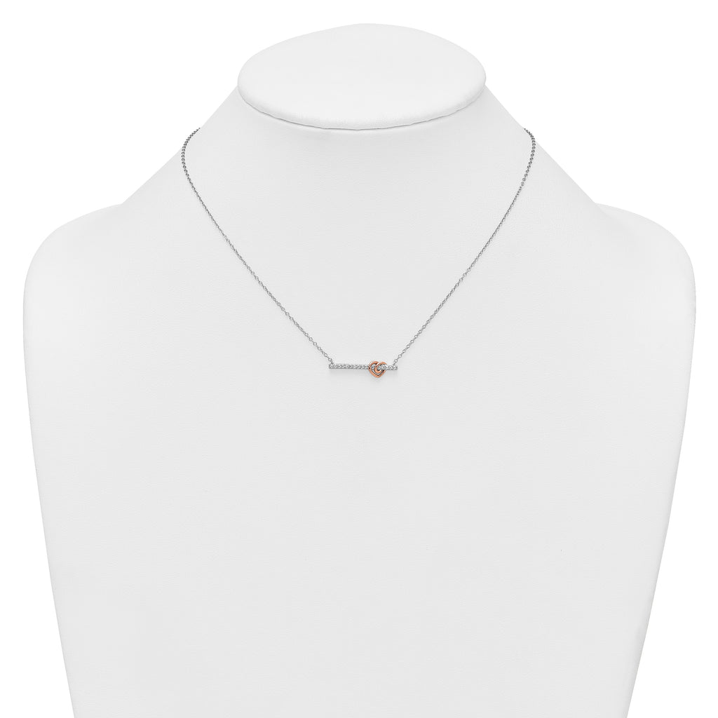 Sterling Silver Rhodium-plated and Rose-tone Polished CZ Heart Bar 16 Inch with 2 Inch Extension Necklace