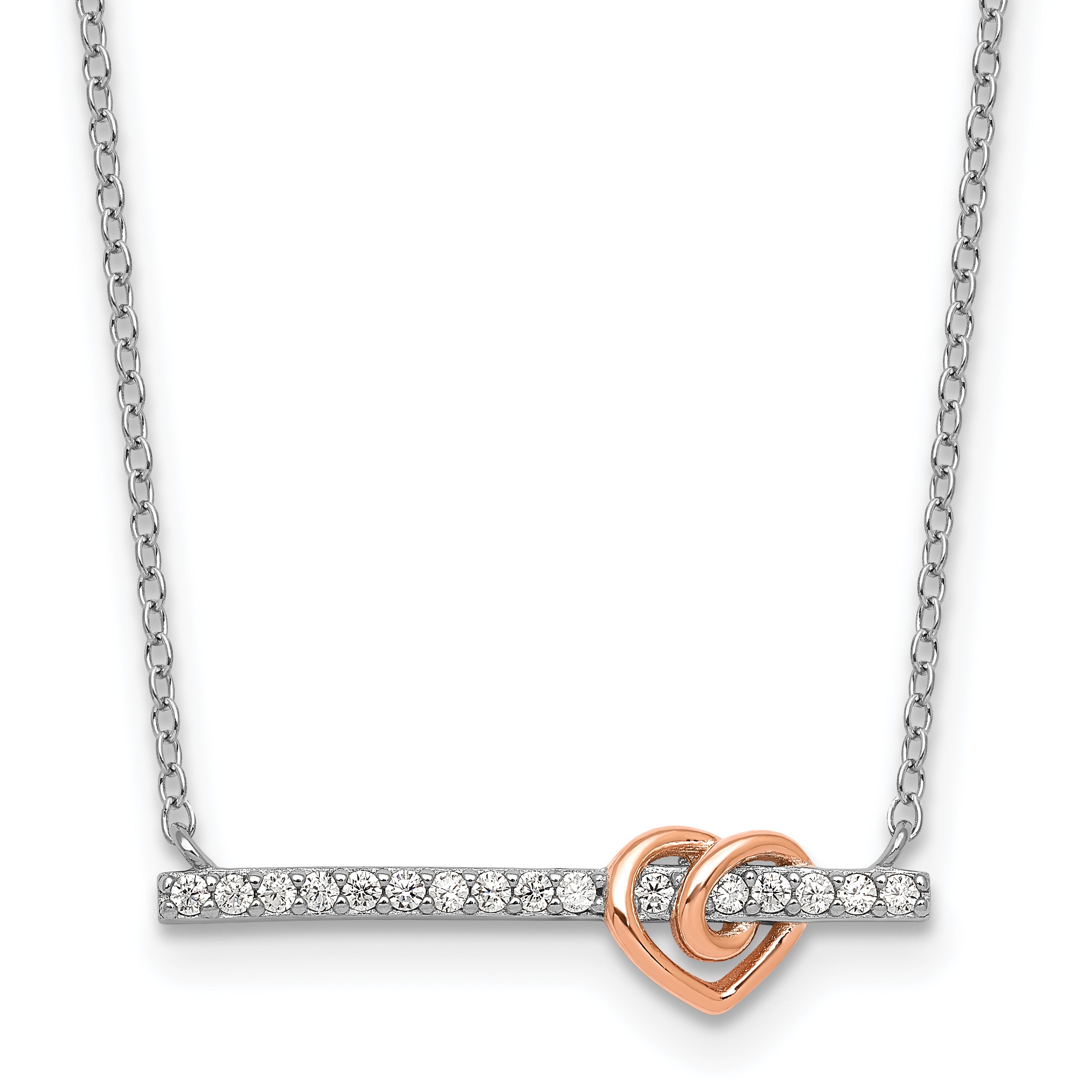 Sterling Silver Rhodium-plated and Rose-tone Polished CZ Heart Bar 16 Inch with 2 Inch Extension Necklace Main image