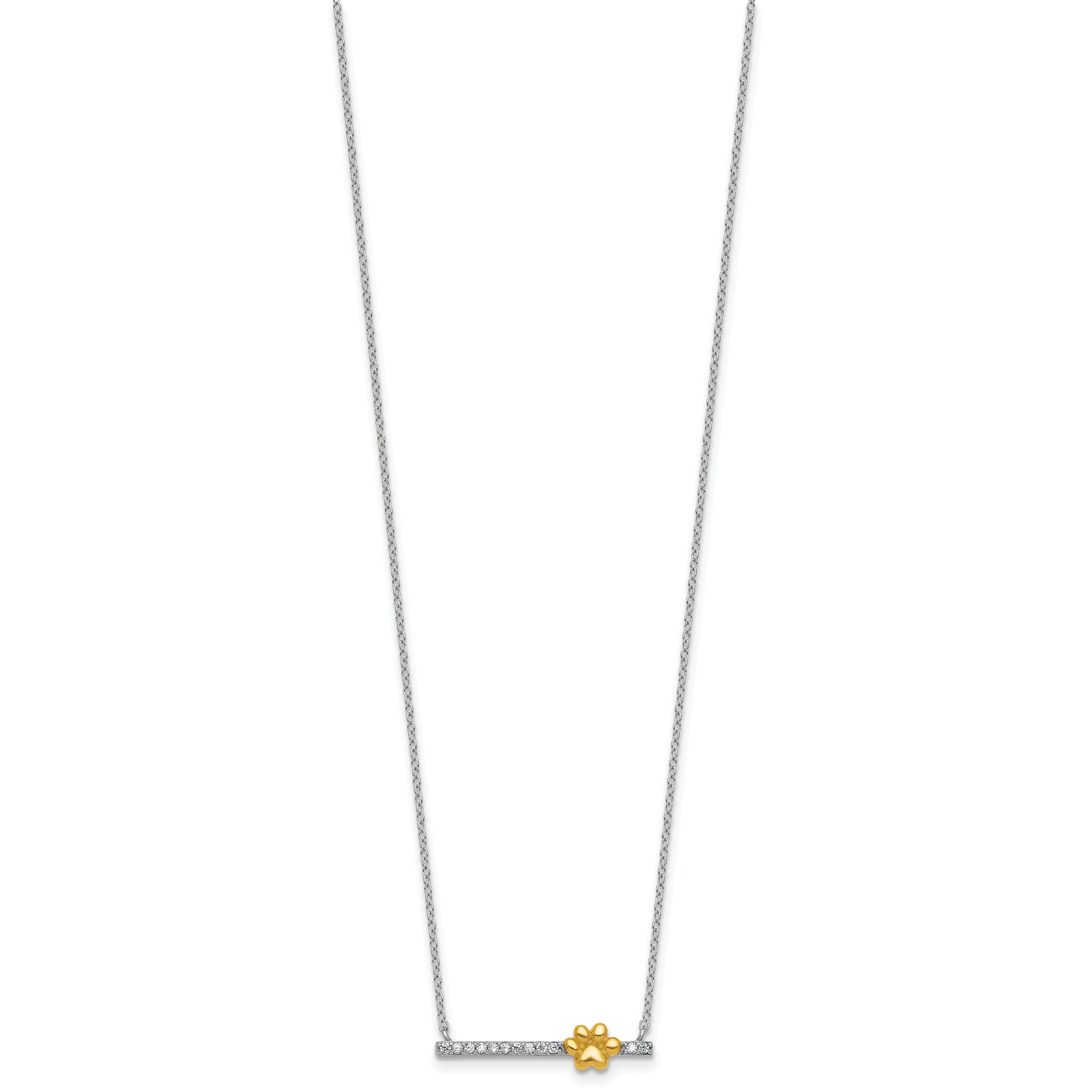 Sterling Silver Rhodium-plated and Gold-tone Polished CZ Pawprint Bar 16 Inch with 2 Inch Extension Necklace