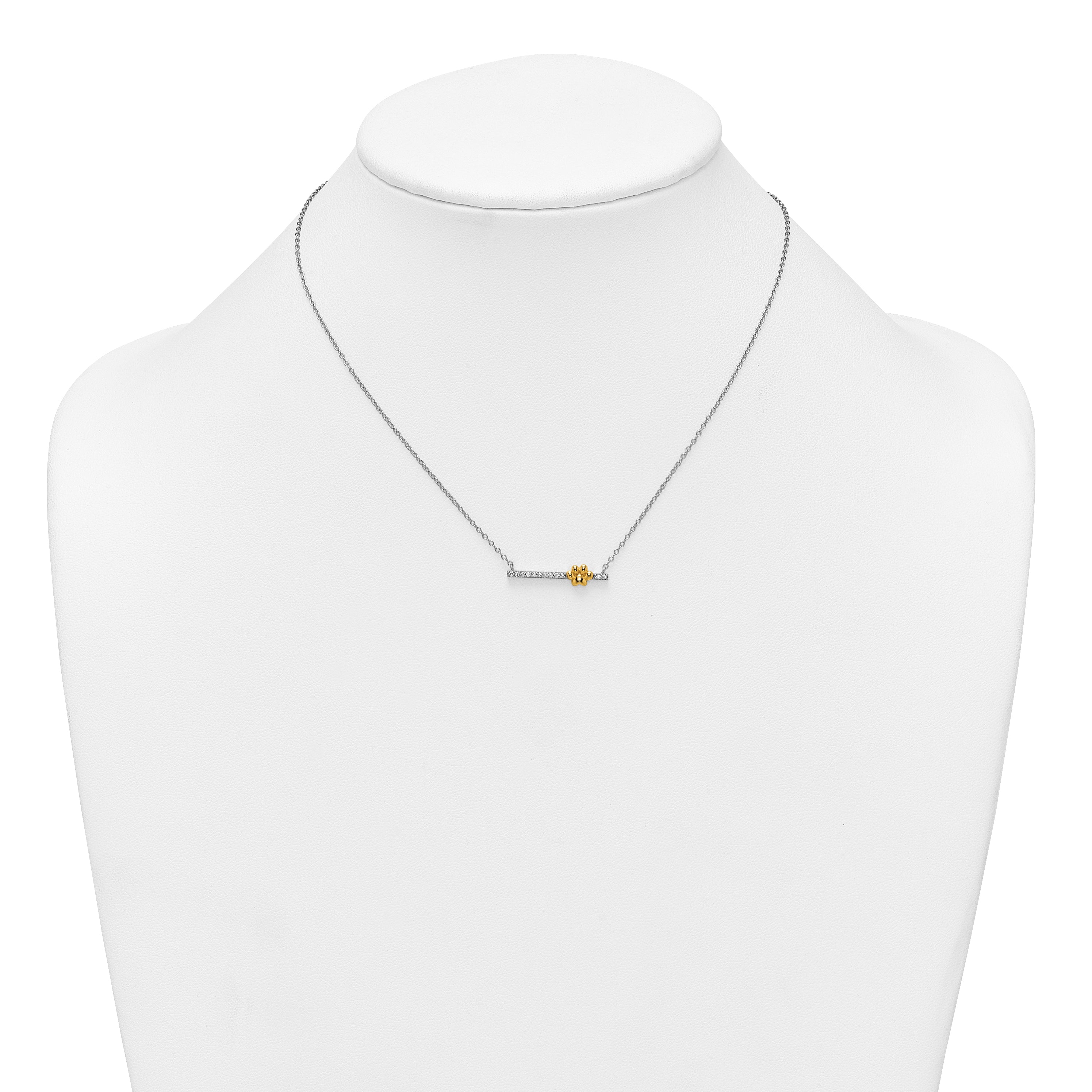 Sterling Silver Rhodium-plated and Gold-tone Polished CZ Pawprint Bar 16 Inch with 2 Inch Extension Necklace