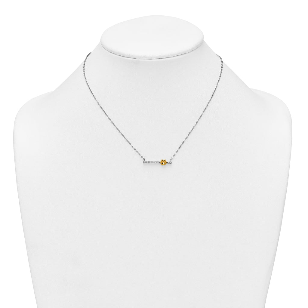 Sterling Silver Rhodium-plated and Gold-tone Polished CZ Pawprint Bar 16 Inch with 2 Inch Extension Necklace
