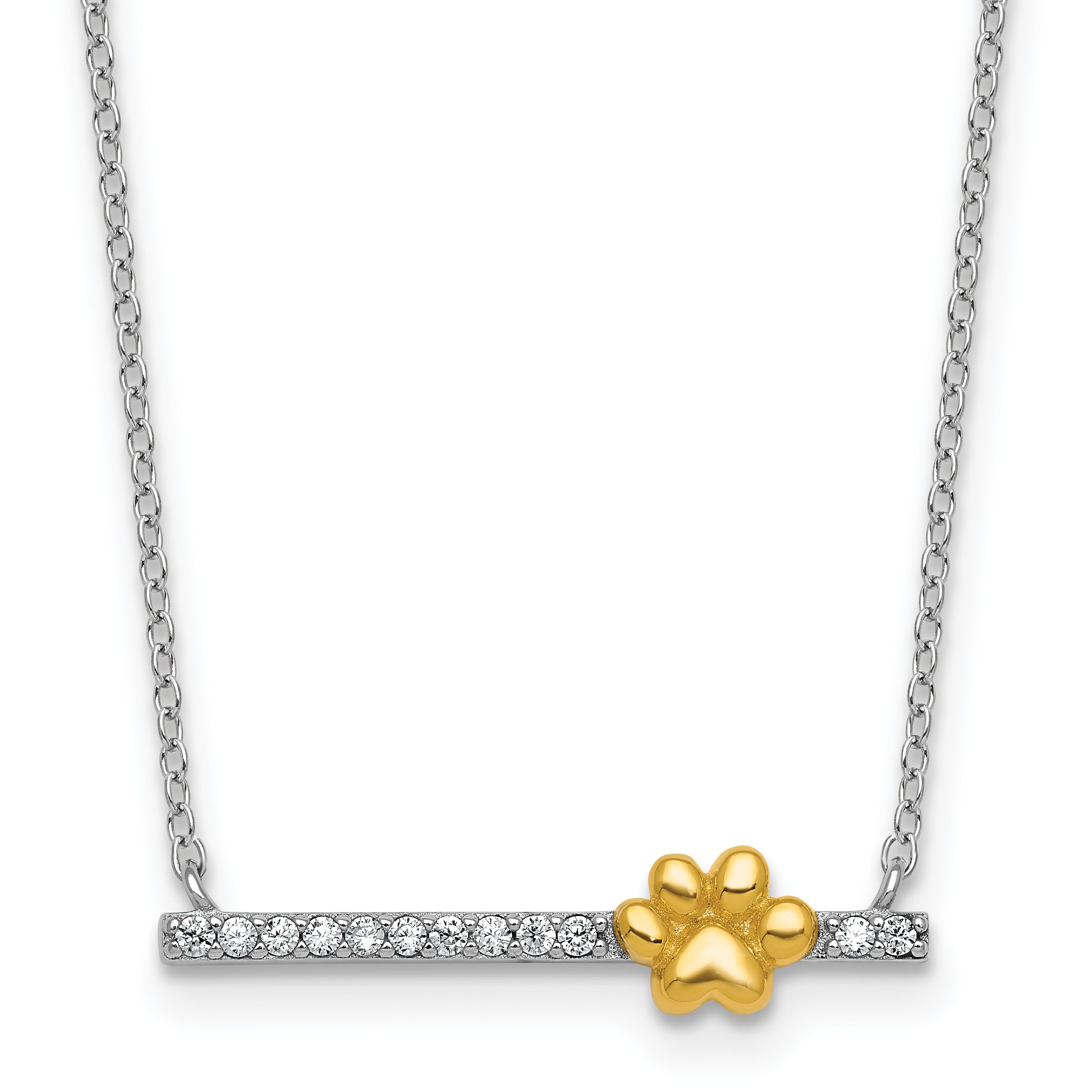 Sterling Silver Rhodium-plated and Gold-tone Polished CZ Pawprint Bar 16 Inch with 2 Inch Extension Necklace Main image