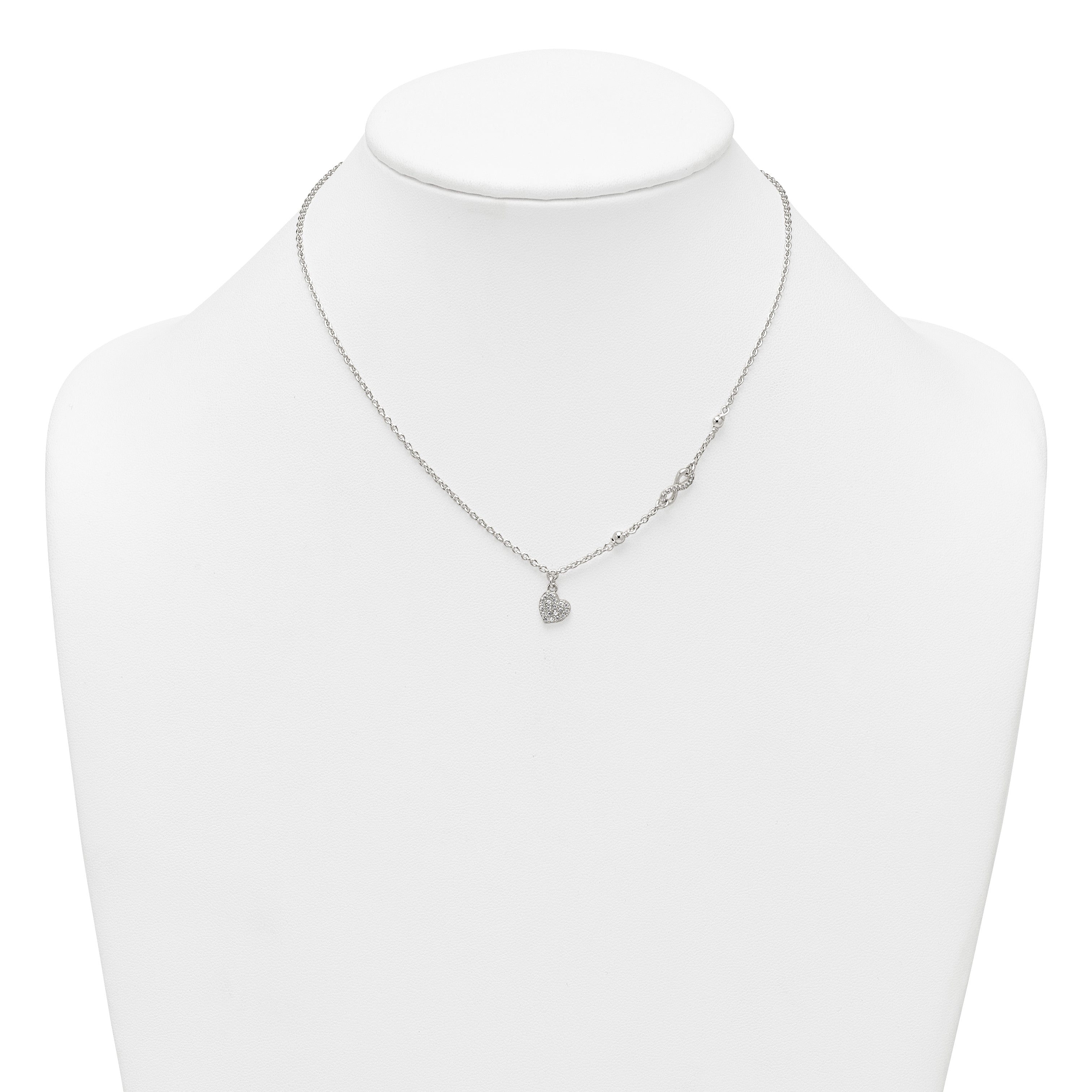 Sterling Silver Polished Beaded White CZ Infinity and Heart 16 inch with 2 inch Extension Necklace