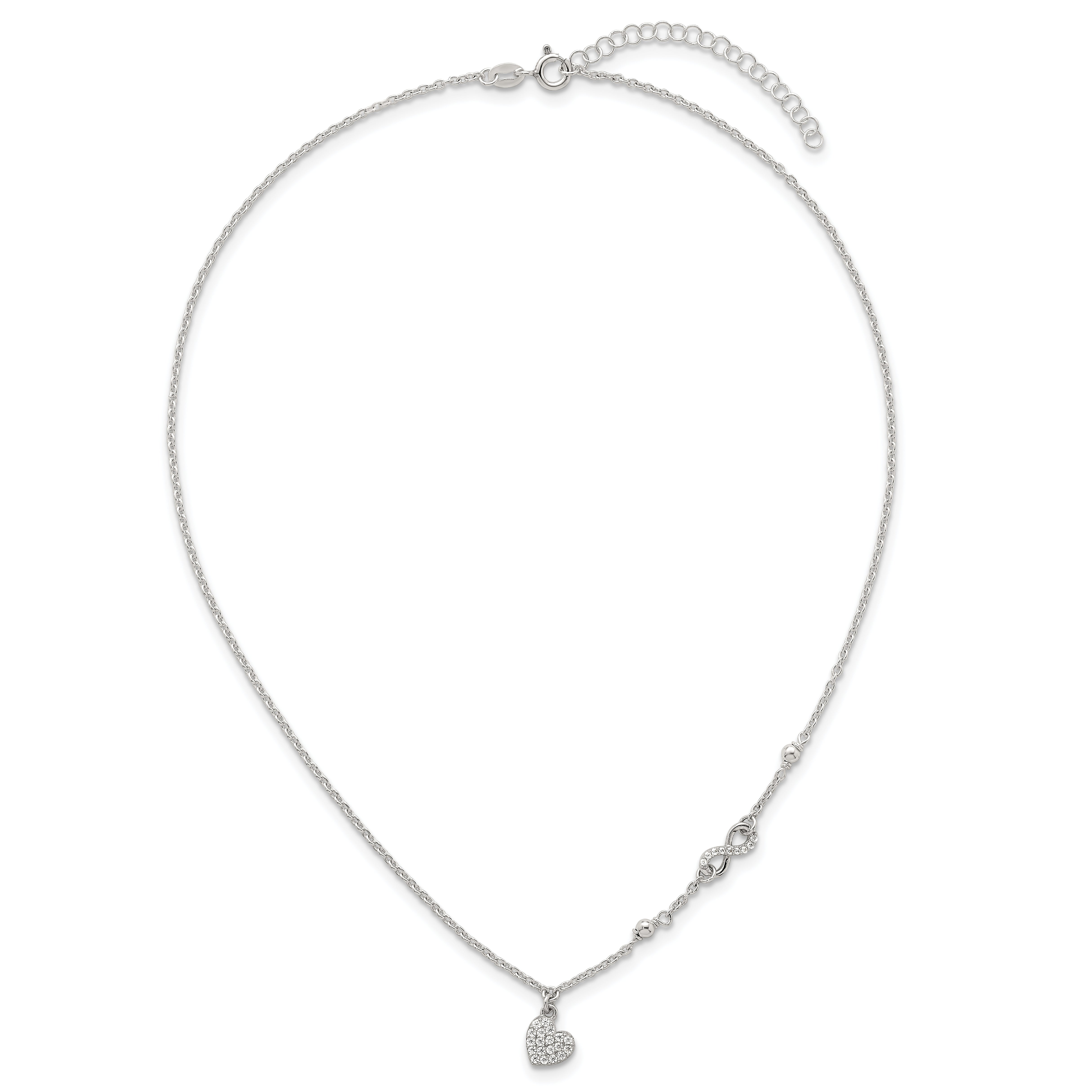 Sterling Silver Polished Beaded White CZ Infinity and Heart 16 inch with 2 inch Extension Necklace