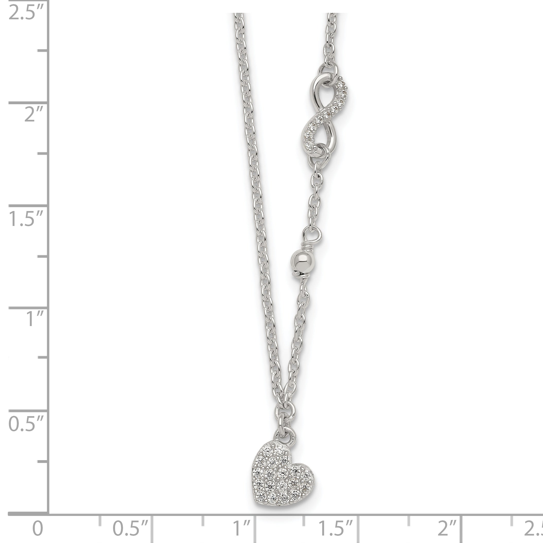 Sterling Silver Polished Beaded White CZ Infinity and Heart 16 inch with 2 inch Extension Necklace