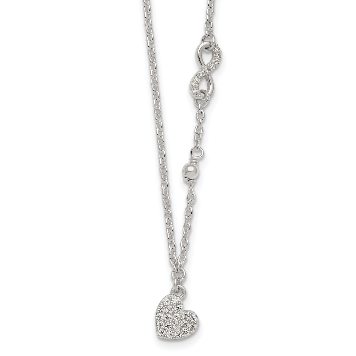 Sterling Silver Polished Beaded White CZ Infinity and Heart 16 inch with 2 inch Extension Necklace