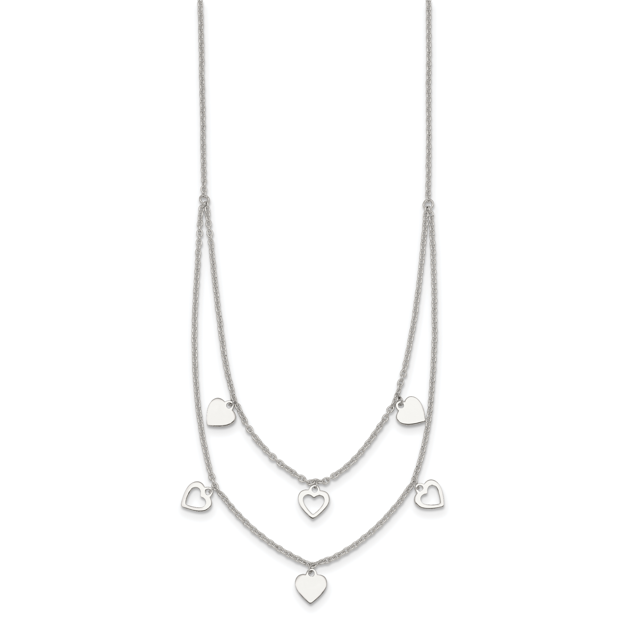Sterling Silver Polished Double Strand Heart Station 15.75 inch Necklace Secondary image