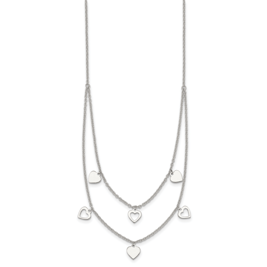Sterling Silver Polished Double Strand Heart Station 15.75 inch Necklace