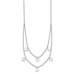 Sterling Silver Polished Double Strand Heart Station 15.75 inch Necklace