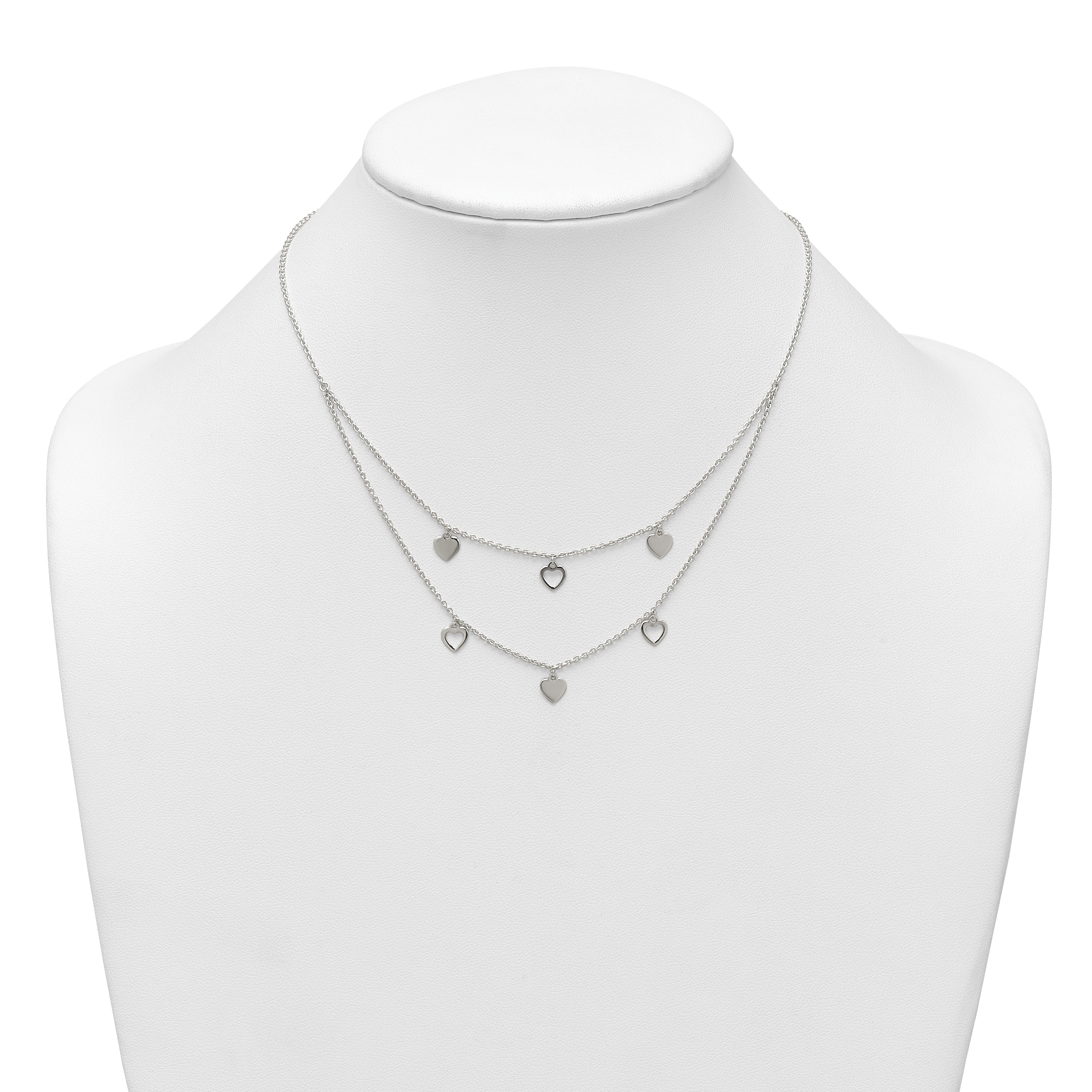 Sterling Silver Polished Double Strand Heart Station 15.75 inch Necklace