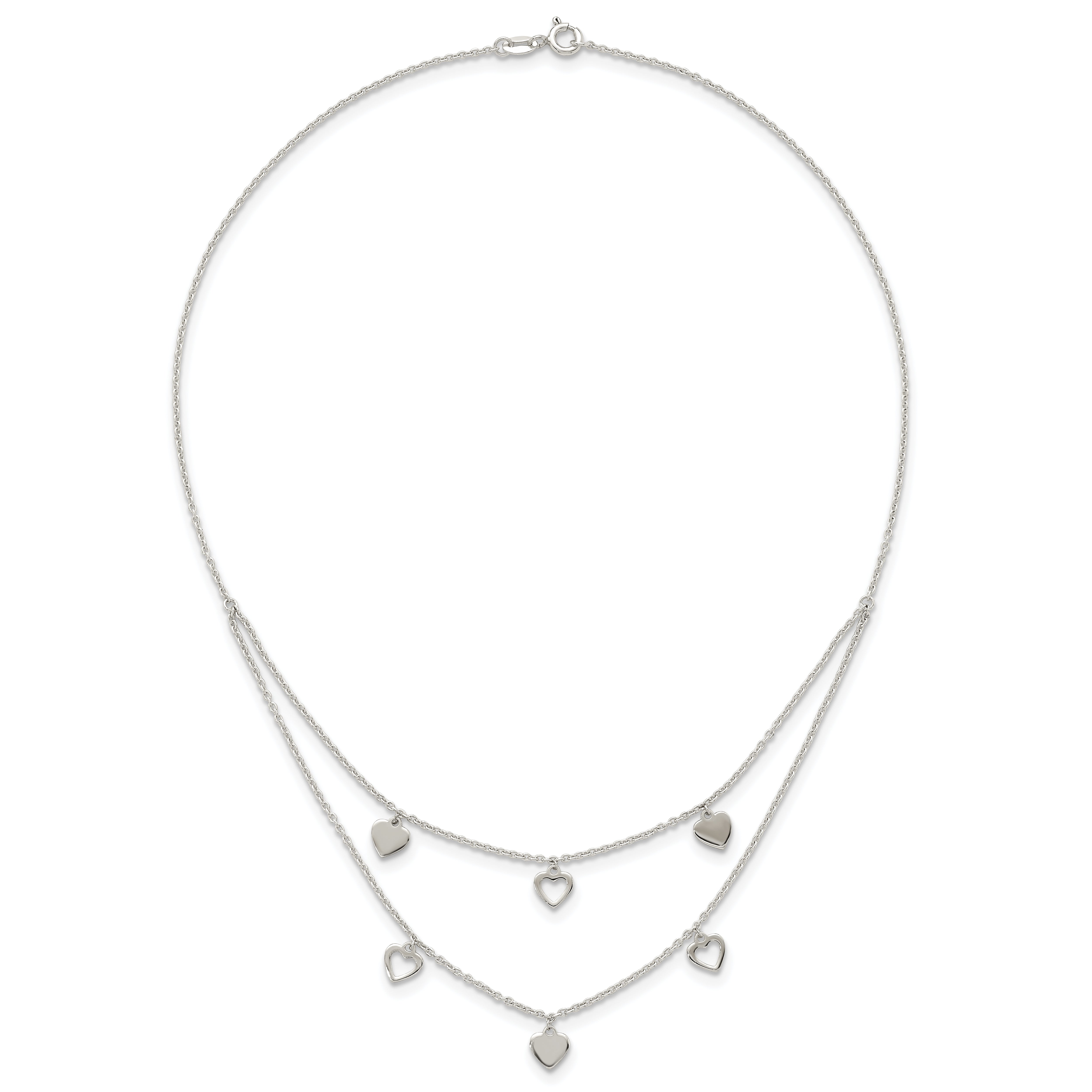 Sterling Silver Polished Double Strand Heart Station 15.75 inch Necklace